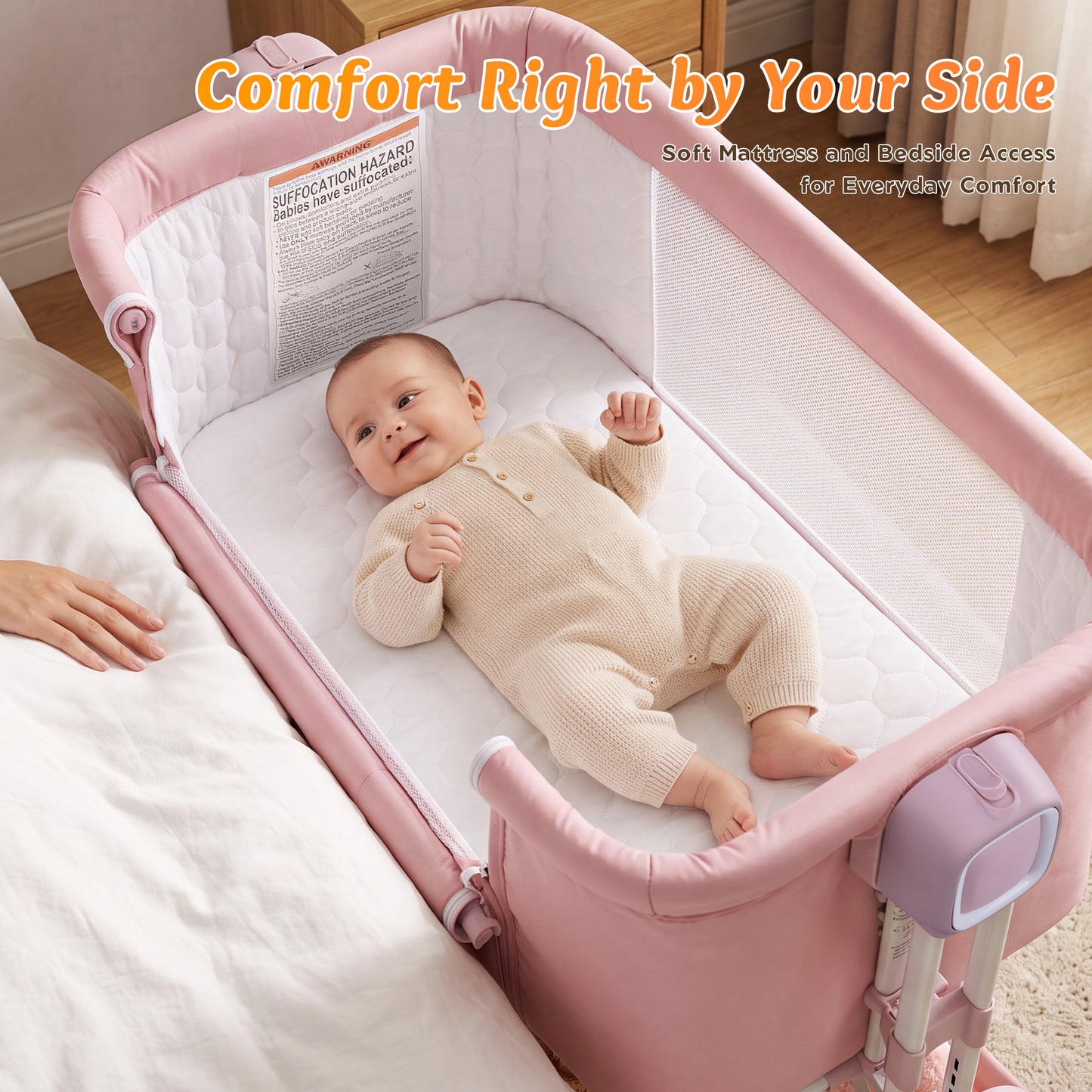 Babyeap 3-in-1 Baby Bassinet, Adjustable Bedside Sleeper with Gentle Rocking Motion, Storage Basket and Wheels for Infants, Gray