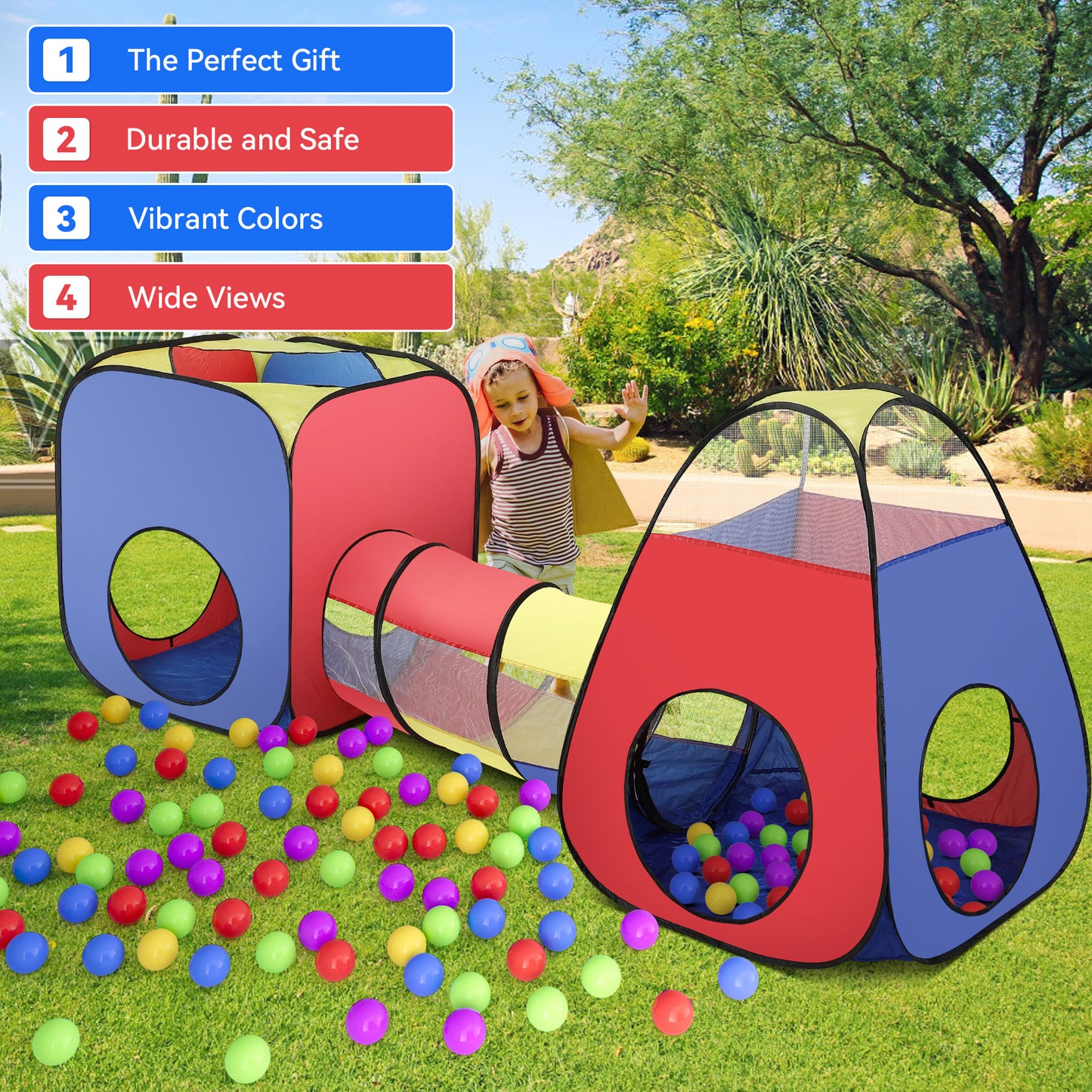 Yexmas 3 in 1 Kids Play Tent and Tunnels - Ball Pit+Crawl Tunnel+Castle Tent Playhouse Tent Set for Boys Girls Kids(No Ball)