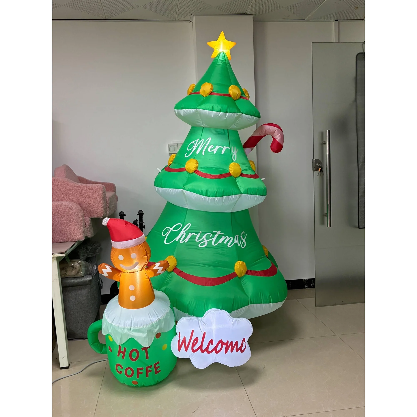 Yexmas 7FT Inflatable Christmas Tree with Santa, Hot Coffee Cup & Gingerbread Man – LED Outdoor Yard & Garden Decoration