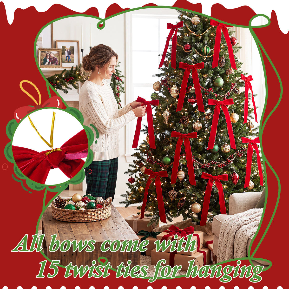 Yexmas 12pcs Burgundy Velvet Christmas Bows, Ribbon Bows Xmas Ornaments for Christmas Tree Home Party Staircase Door Wreath Garland Holiday Decor