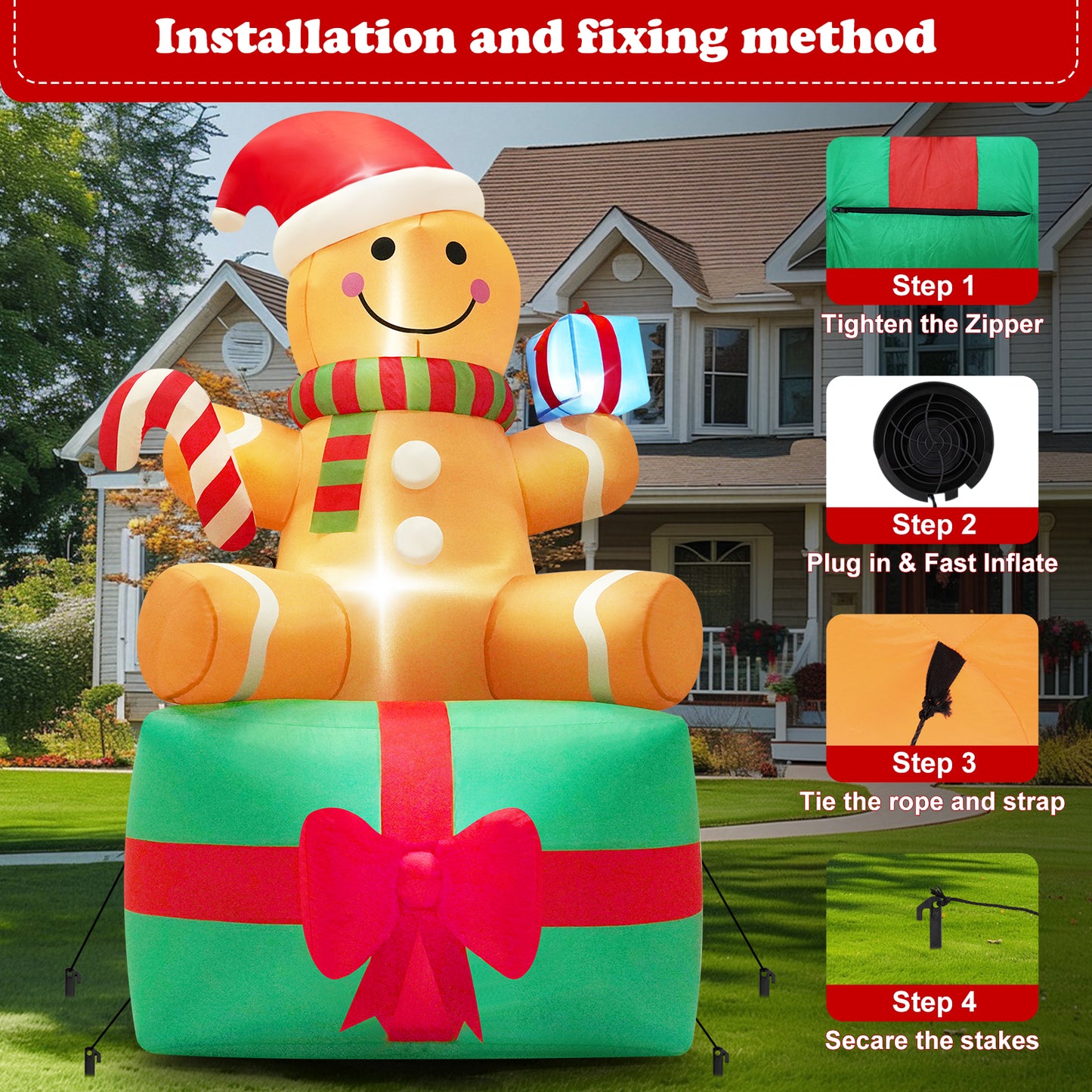 Yexmas 6 ft Christmas Inflatables Gingerbread Man with Candy, Blow up Outdoor Decorations with LED Lights Built-in for Holiday Party Xmas Yard Garden