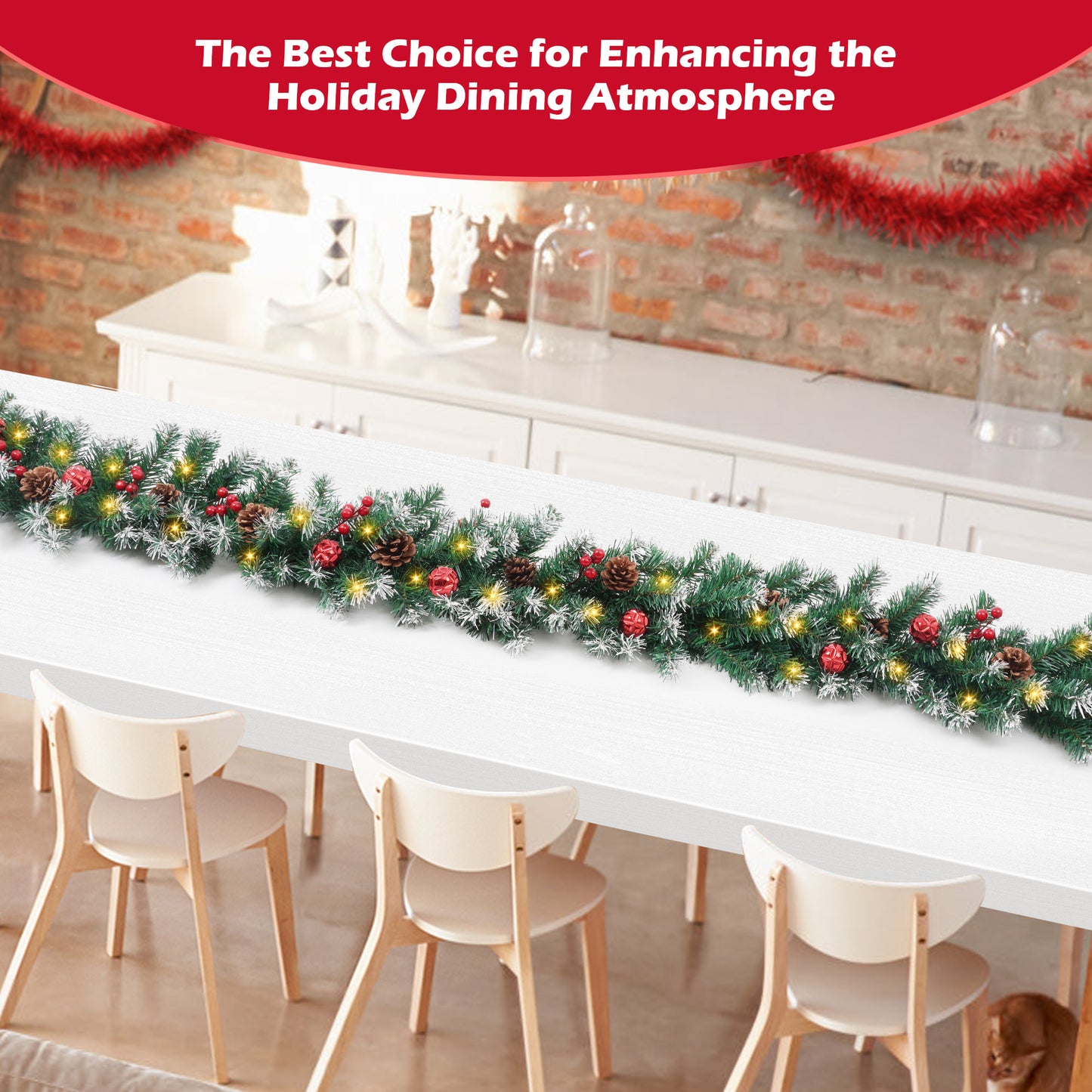 Yexmas 9ft Large Christmas Garland, Multi-Purpose Xmas Wreath with 45 LED Lights, Decorated with Pinecones, Berry Clusters, Battery Operated