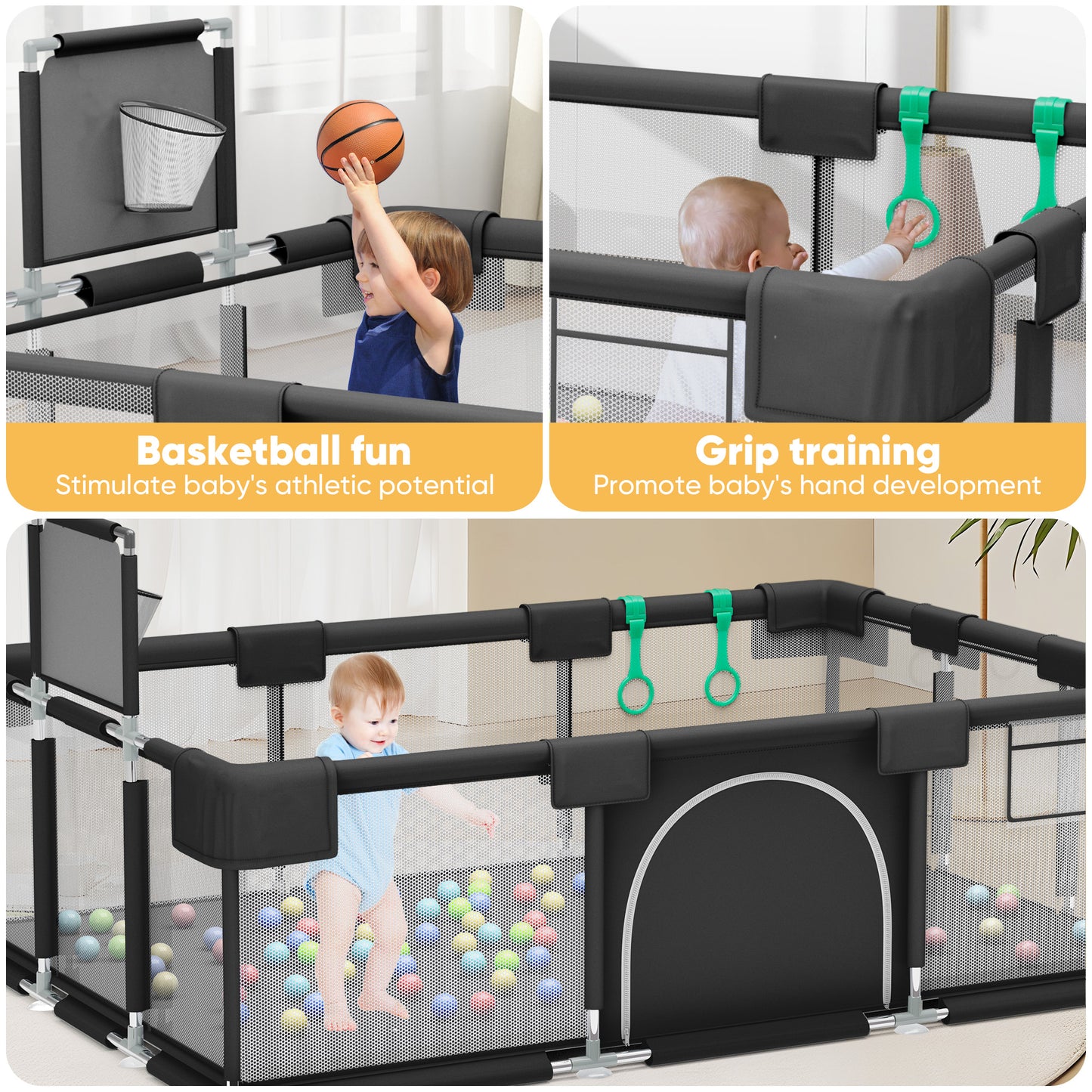 babyeap Baby Playpen,73 Inch Extra Large Baby Playard,Playpen for Babies and Toddlers With Basketball Hoop,Children Kids Play Fence for Indoors Outdoors,Black 2