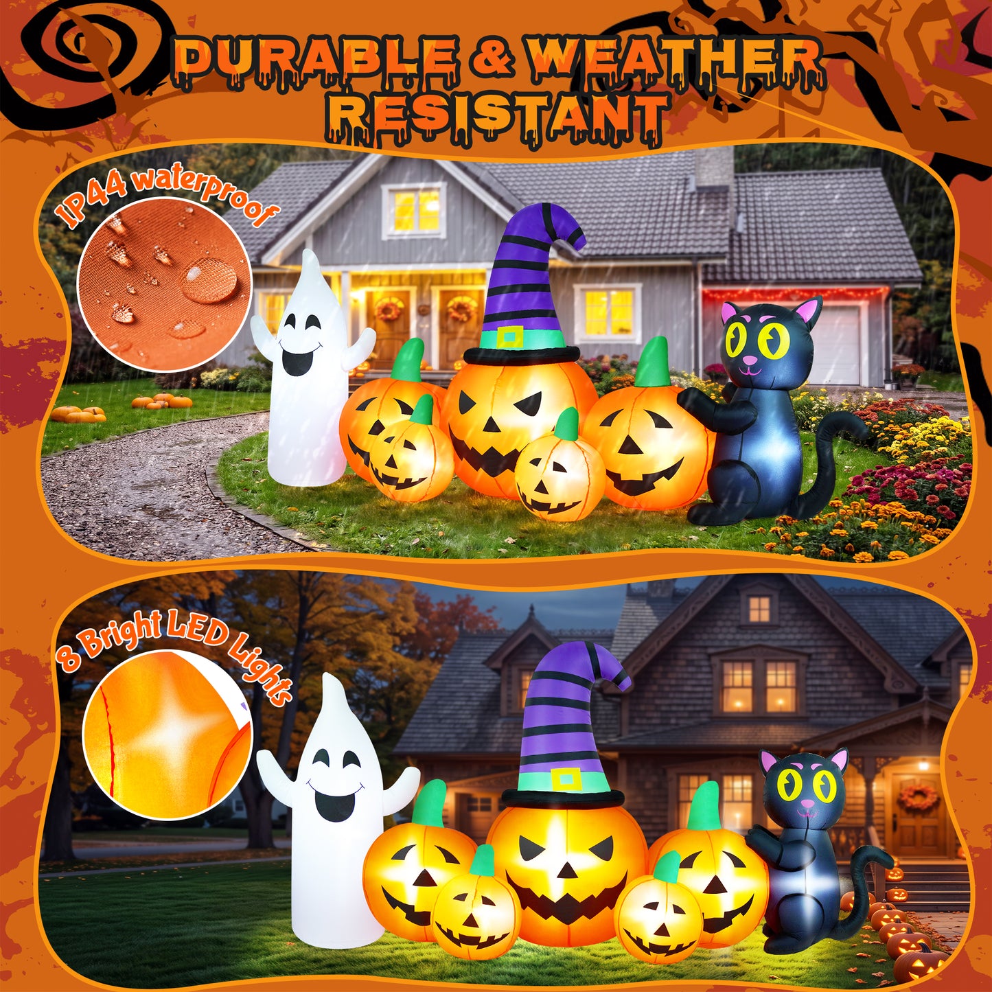 Yexmas 8FT Long Halloween Inflatable Pumpkin with Ghost and Black Cat,Outdoor Halloween Decoration with LED Lights for Yard Lawn Garden Porch Party Decor