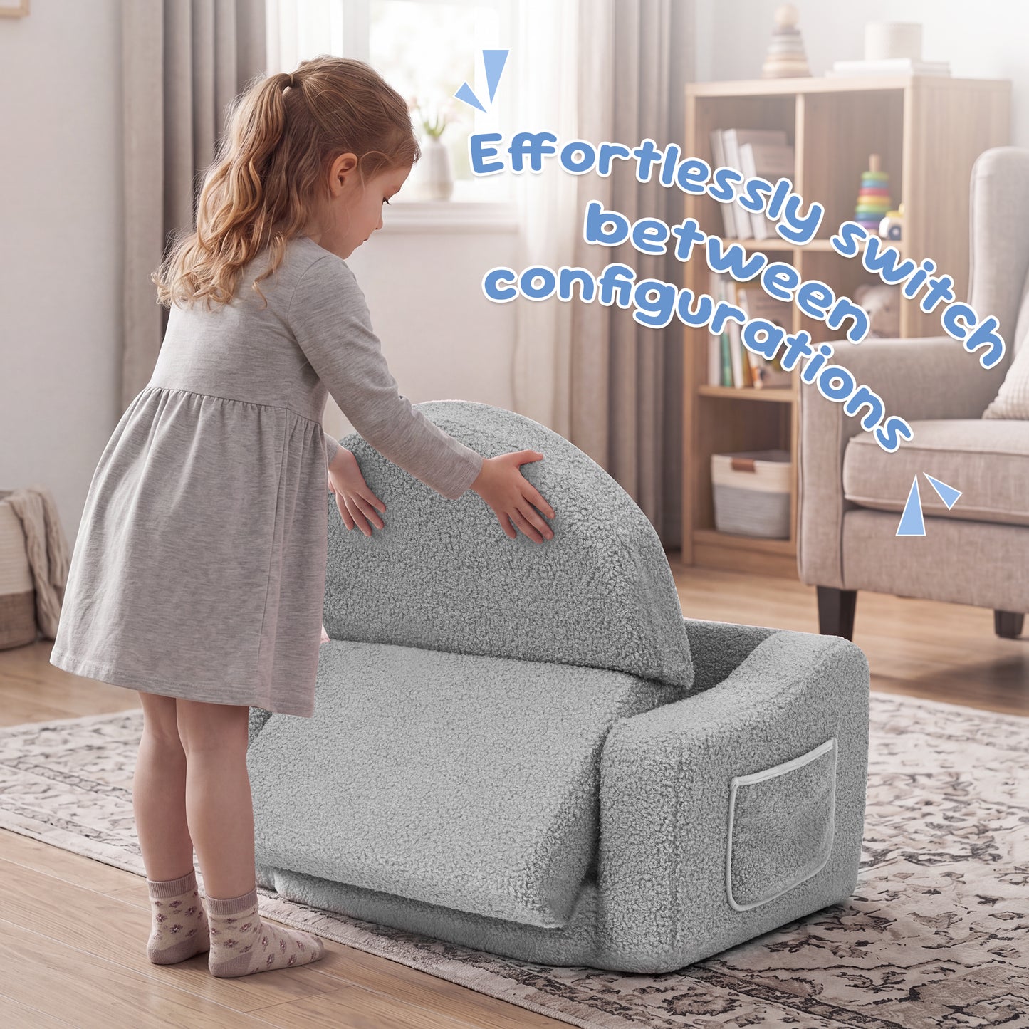 Babyeap Kids Sofa,2-in-1 Soft Toddler Couch Fold Out,Toddler Chair Baby Convertible Couch for Girls and Boys,Light Gray