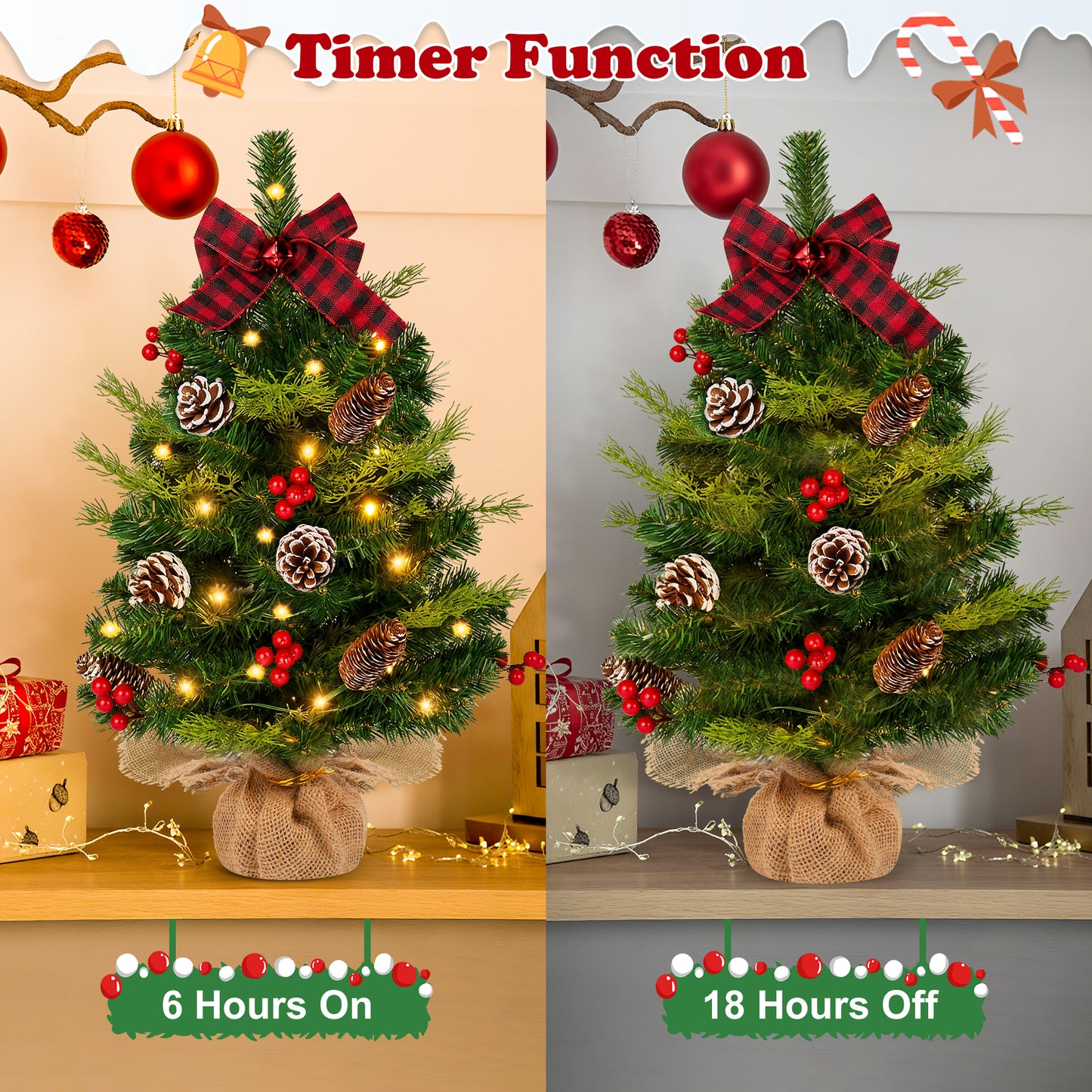 Yexmas 2PCS Pre-lit Artificial Mini Christmas Tree,24 Inch Small Tabletop Xmas Tree for Indoor Outdoor Christmas Decor