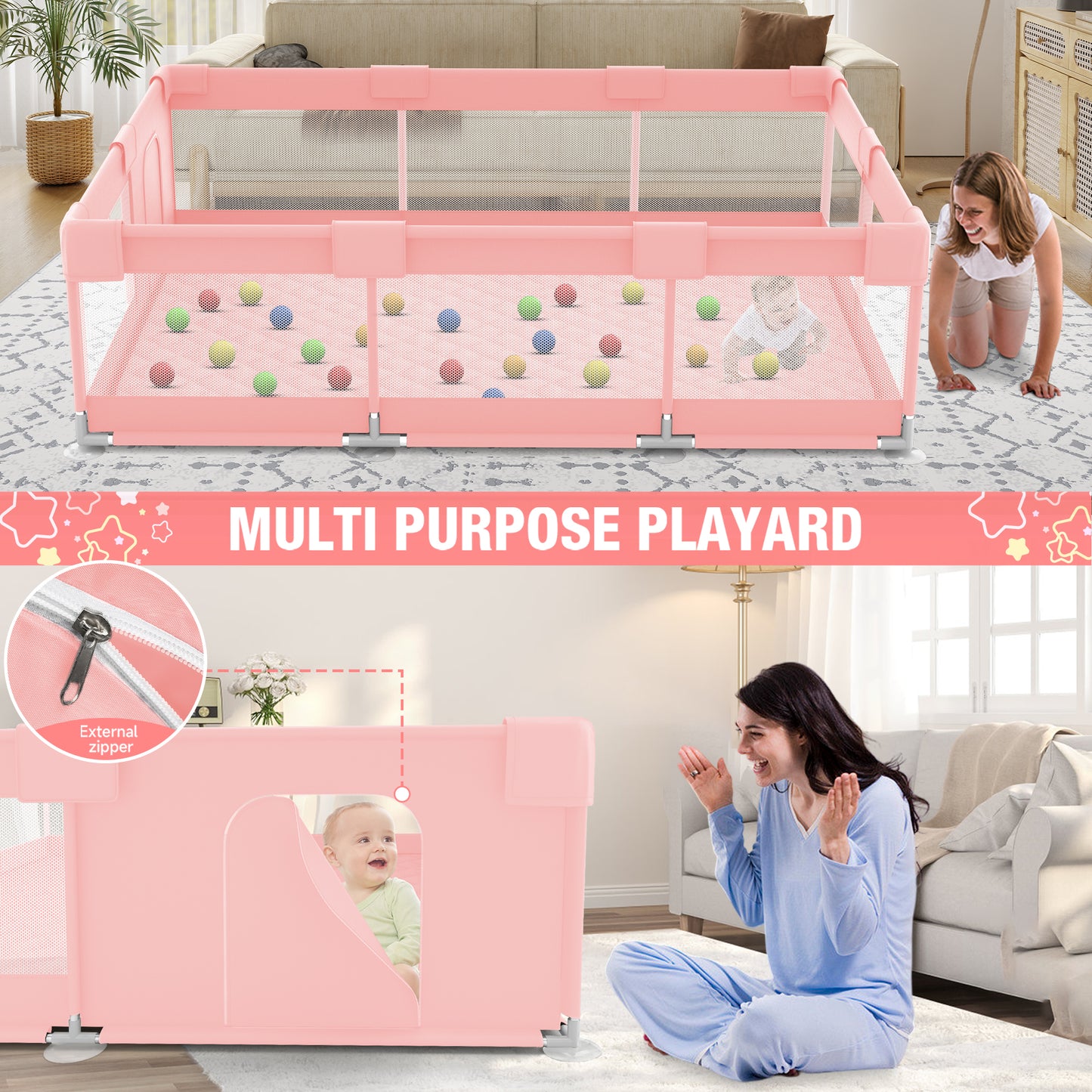 Babyeap Large Baby Playpen with Mat,71"x50"Playpen for Babies and Toddlers,Baby Play Yard Baby Fence Play Area Indoor Outdoor,Pink