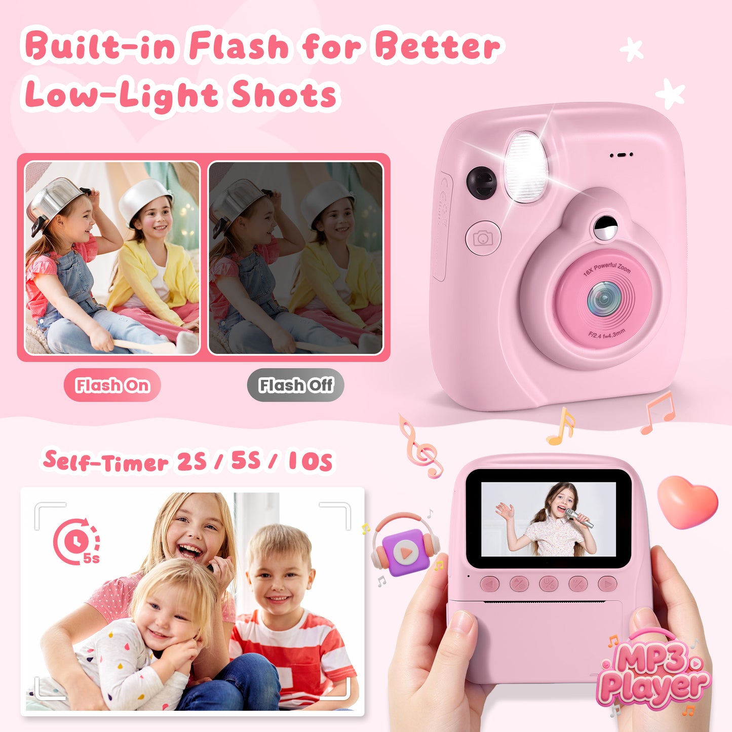 Yexmas Instant Print Toys Camera for Kids, 1080P HD Camera with 32GB SD Card, 3 Paper Rolls, Color Pens & Lanyard, Pink