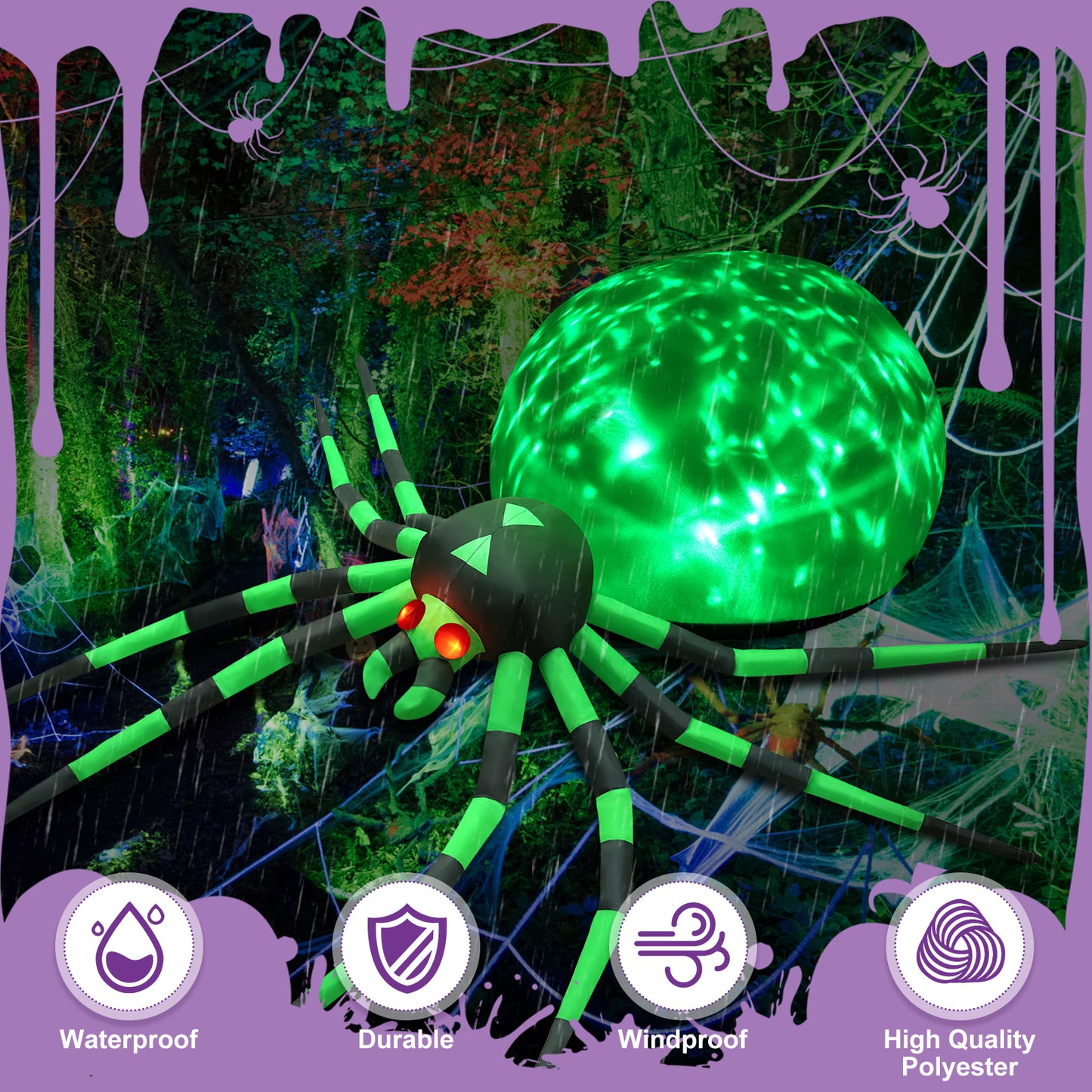 8FT Halloween Inflatables Outdoor Decorations Giant Spider Decorations with LED Lights and Air Pump Blow up Inflatable Green