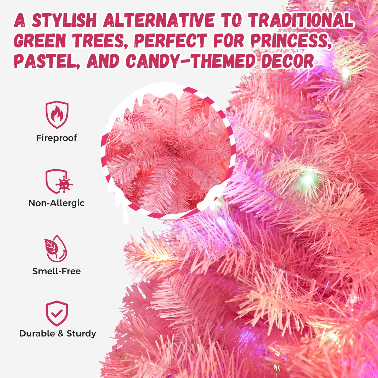 Yexmas 7.5ft Pre-Lit Pink Christmas Tree,Artificial Christmas Tree with 1600 PVC Branches,450 Multicolor Lights,Metal Hinges,Xmas Tree for Home,Holiday Party Decorations