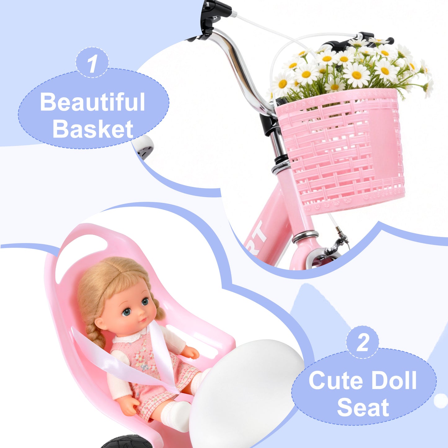 Enjoyrun 16" Kids Bike,Girls Bike with Training Wheels,Basket and Doll Seat,Bicycle for Children Ages 5-8,Pink