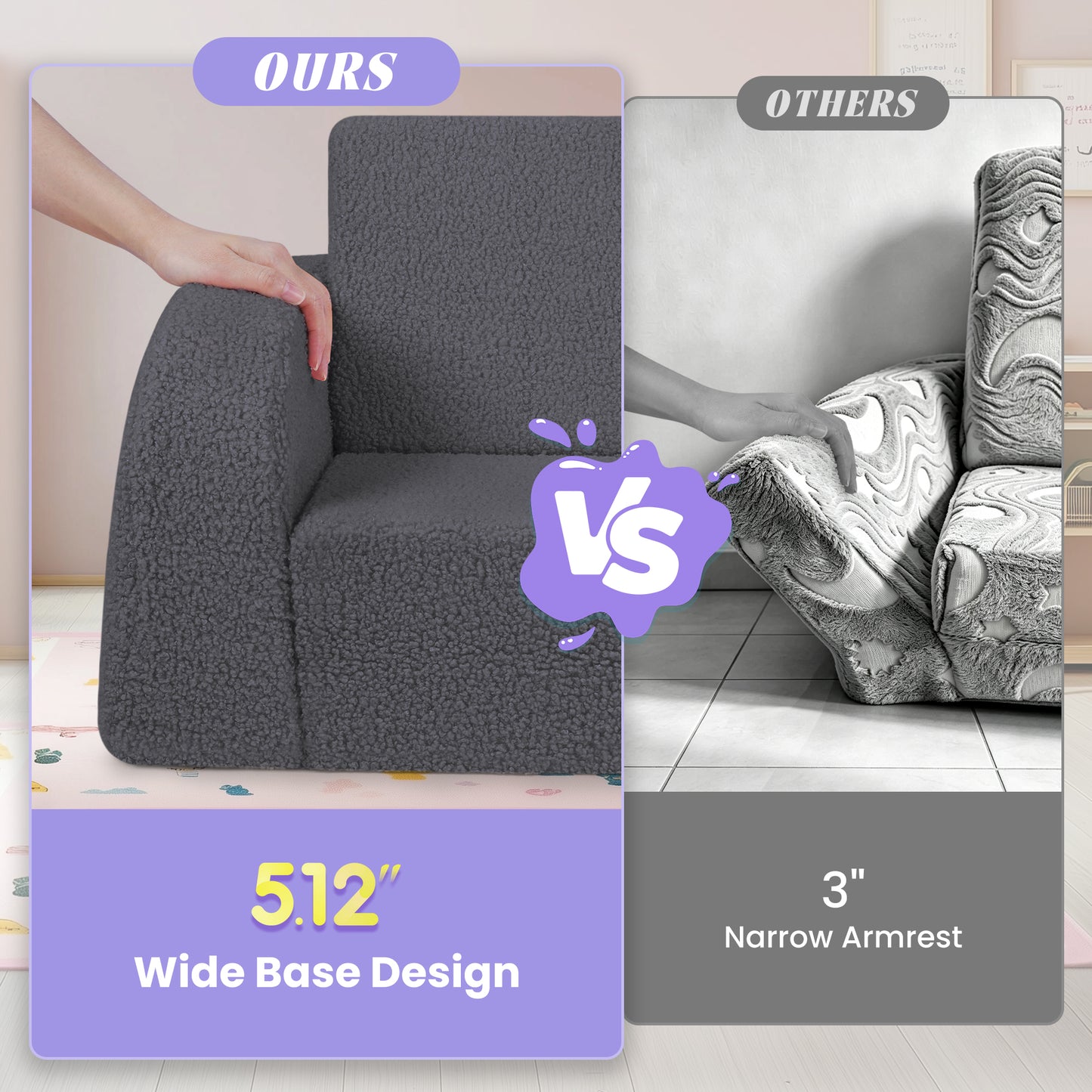 babyeap 2-in-1 Wide Base Kids Sofa,Fold Out Toddler Couch with Star Pillow,Soft Kids Chair for Reading, Playroom, Bedroom & Nursery,Deep Gray