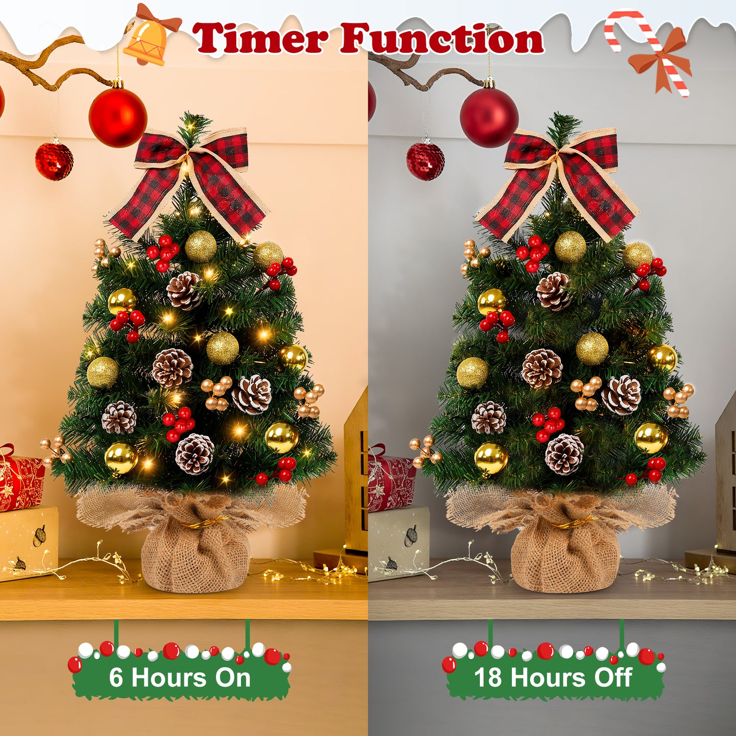 Yexmas 2PCS Pre-lit Artificial Mini Christmas Tree,24 Inch Small Tabletop Xmas Tree for Indoor Outdoor Christmas Decor