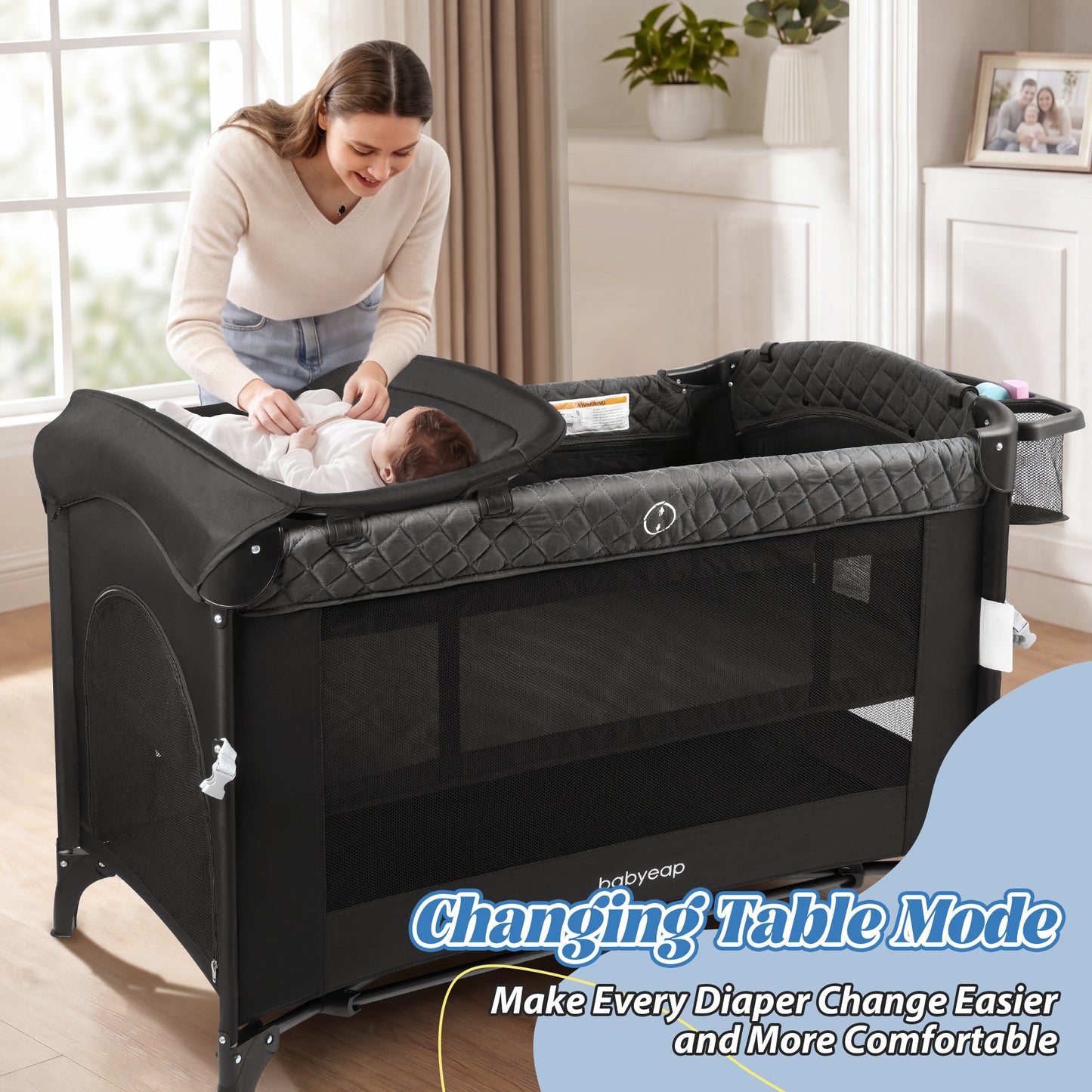 Babyeap 7-in-1 Baby Bassinet with Playard and Bedside Sleeper, Changing Table, Toy Bar, Extra Large Storage Bag, Travel Crib for Newborns and Infants, Black