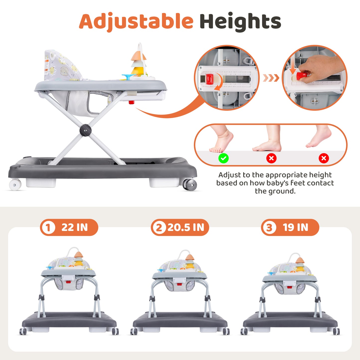 Babyeap Baby Walker,Foldable Baby Activity Walker with Wheels,Toddler Activity Centers,Removable Toys,Ages 6 Months +,Gray