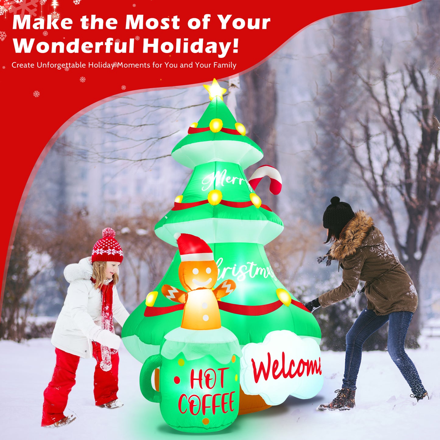 Yexmas 7FT Large Outdoor Inflatable Christmas Tree with Snowman, Hot Coffee Cup and Welcome Sign, Built-in LED Lights, Blow Up Xmas Decoration for Yard, Garden, Lawn