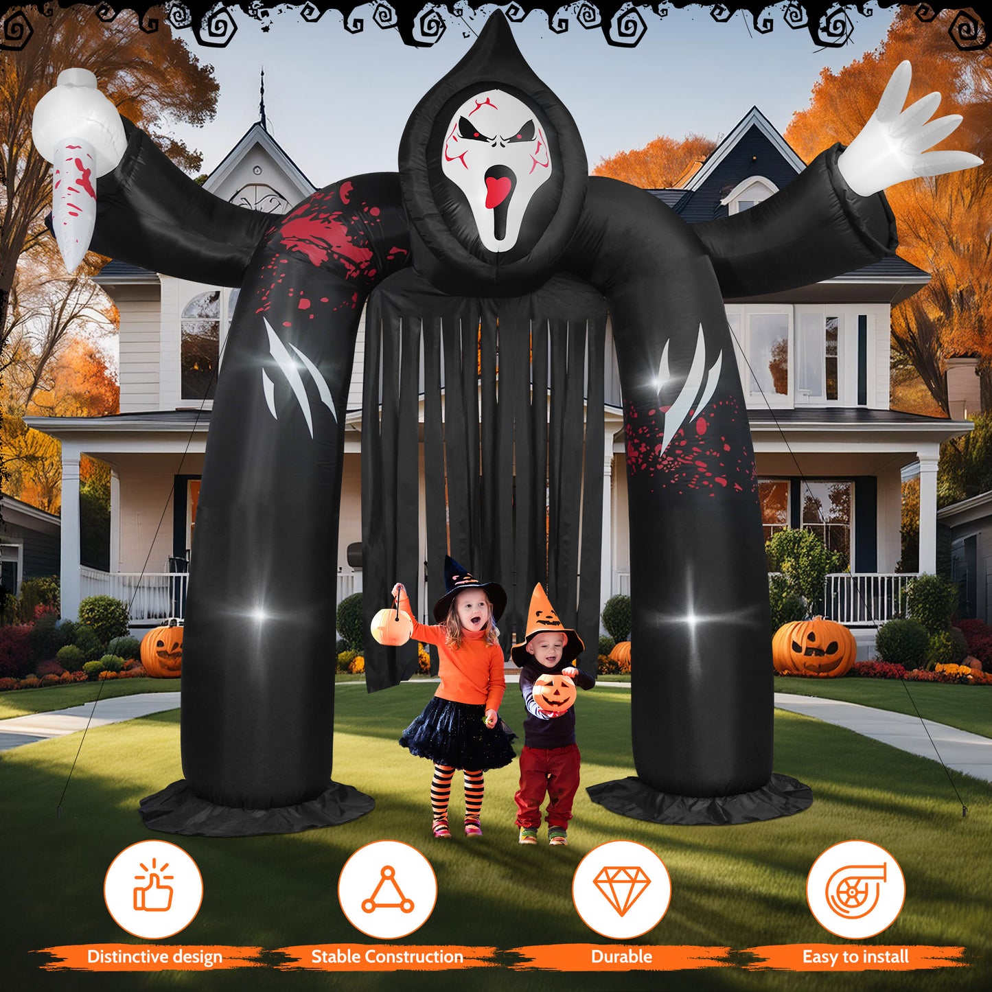 Yexmas 10FT Halloween Inflatable Archway Outdoor Decoration，Ghost Castle Inflatable Archway Blow Up with Spooky Face Scary and Build-in LED, Large Halloween Decor for Party Yard Garden Lawn