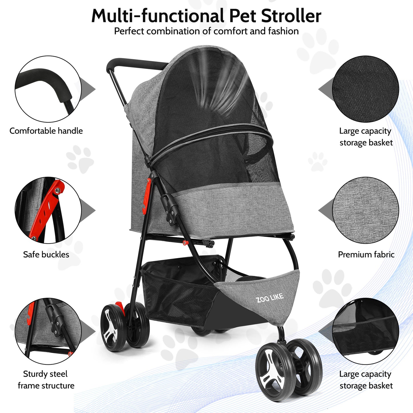 Zoolike 3 Wheel Pet Stroller Cat Dog Stroller Foldable Jogging Travel Perros Carrier for Small Medium Dogs，Puppy Stroller,Black
