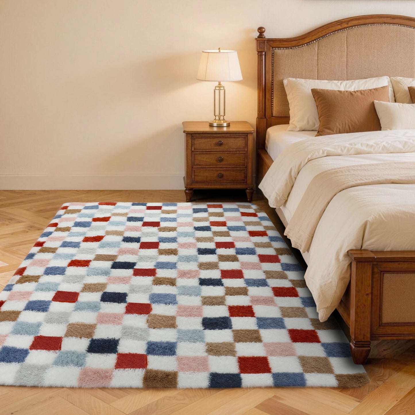 CozyDesg Shag Area Rugs,5'x8'/8' x 10' Soft Fluffy Floor Rugs Checkered Carpet，Washable Area Rugs for Living Room Bedroom Decor,Beige & White