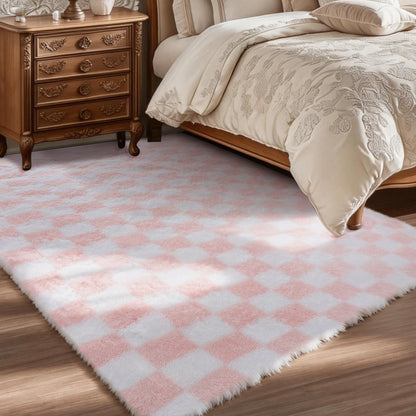 CozyDesg Shag Area Rugs,5'x8'/8' x 10' Soft Fluffy Floor Rugs Checkered Carpet，Washable Area Rugs for Living Room Bedroom Decor,Beige & White