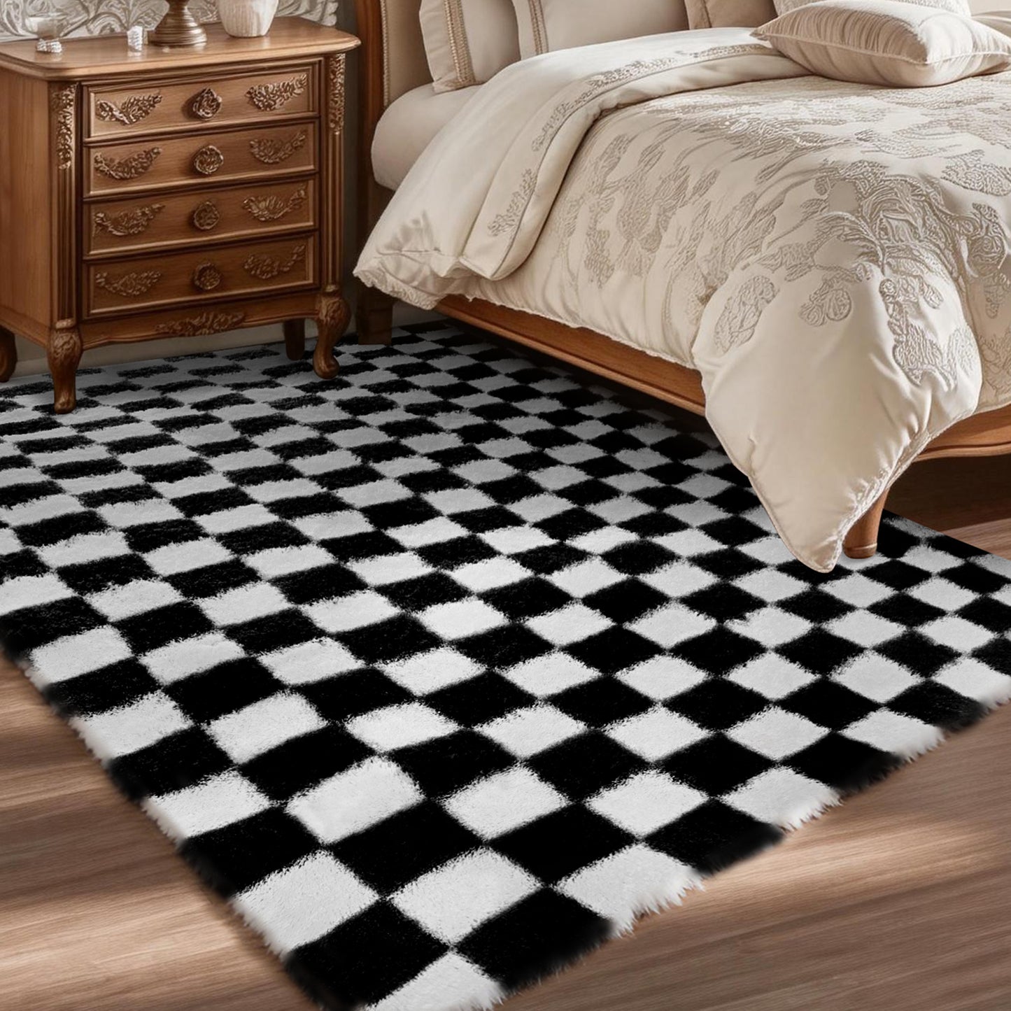 CozyDesg Shag Area Rugs,5'x8'/8' x 10' Soft Fluffy Floor Rugs Checkered Carpet，Washable Area Rugs for Living Room Bedroom Decor,Beige & White