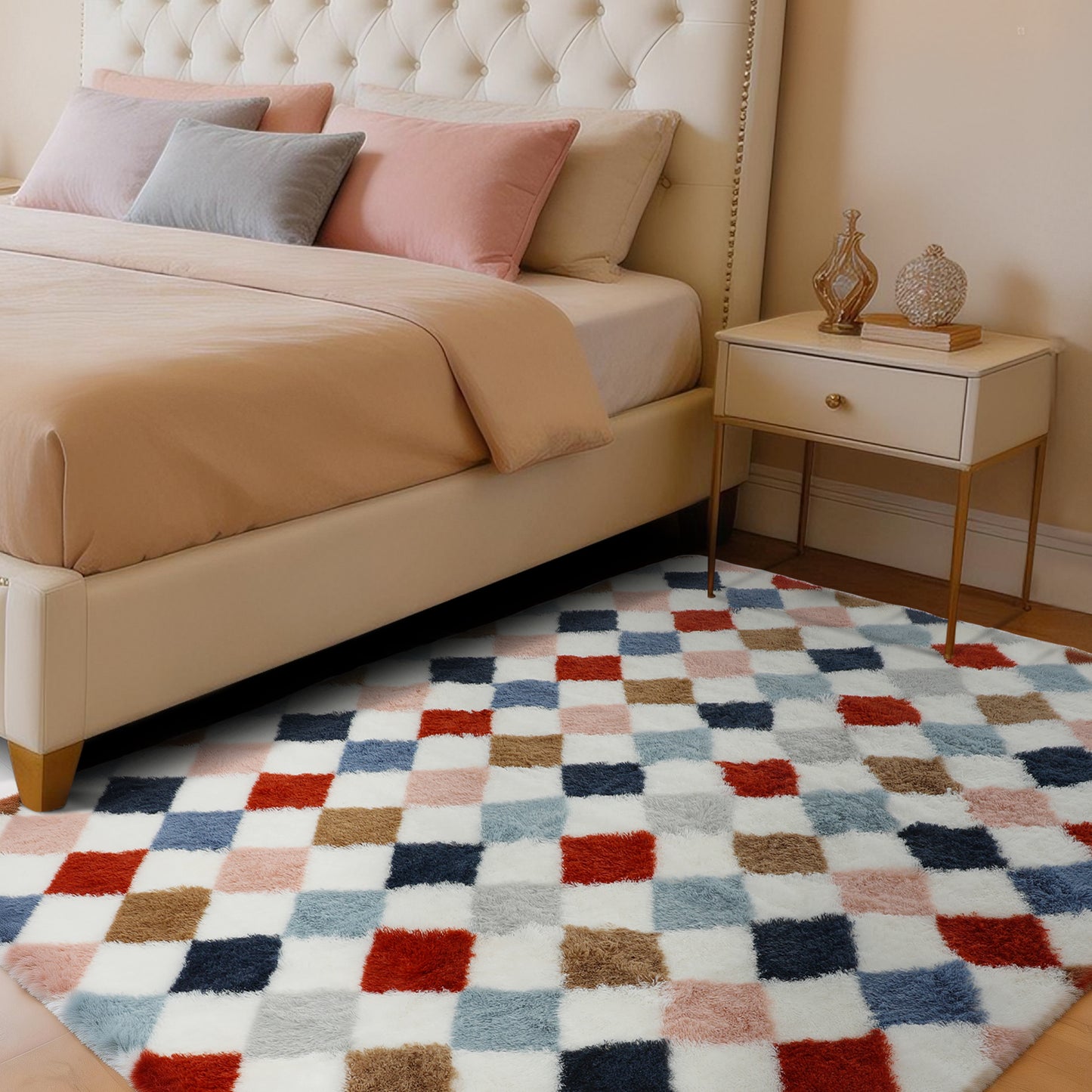 CozyDesg 4ftx6ft Area Rugs,Shag Fluffy Checkered Rugs for Living Room,Bedroom,Modern Room Decor Carpet, Non-Slip Floor Rug,Colorful B