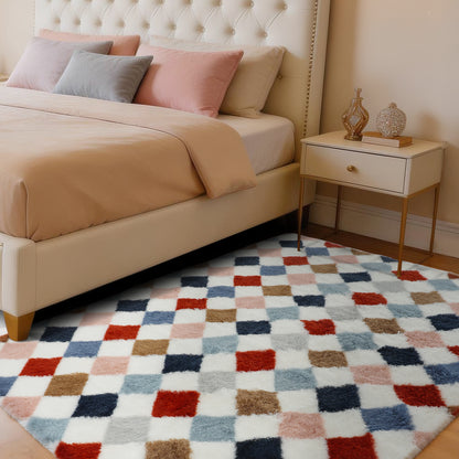 CozyDesg 4ftx6ft Area Rugs,Shag Fluffy Checkered Rugs for Living Room,Bedroom,Modern Room Decor Carpet, Non-Slip Floor Rug,Colorful B