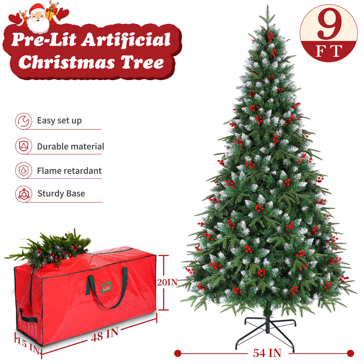Yexmas 9ft Pre-Lit Artificial Christmas Trees,Green Xmas Tree with Large Christmas Tree Storage Bag, Berries, Realistic Artificial Christmas Trees for Home, Office, Party Decoration