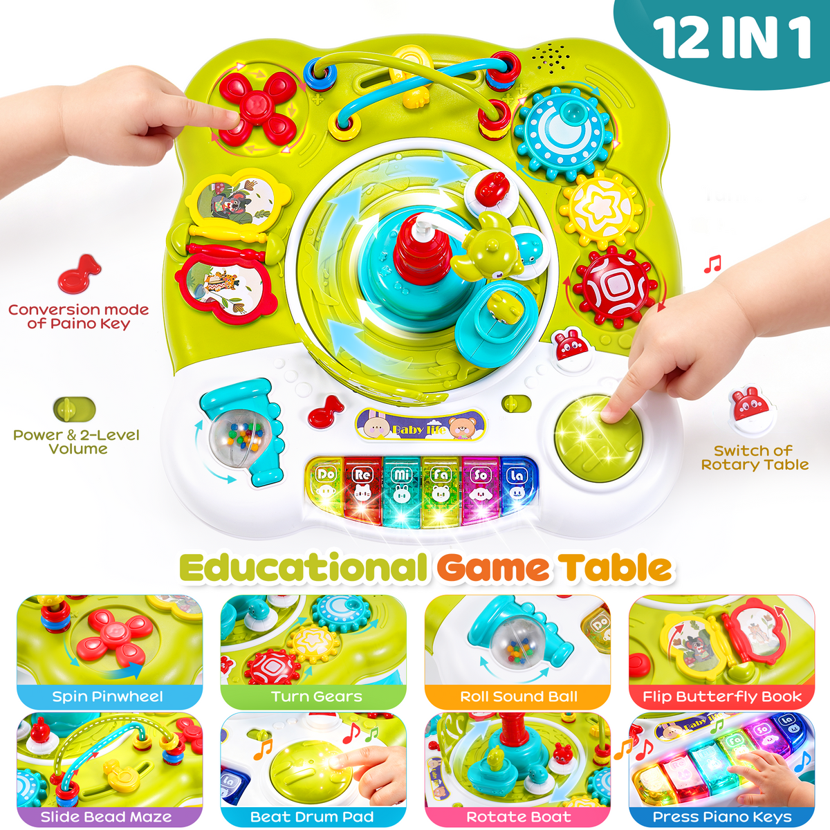 Yexmas 12-in-1 Baby Activity Table, Musical Learning Table for Toddlers, Baby Activity Center, Montessori Educational Interactive Toys with Lights and Music for Boys Girls Gifts