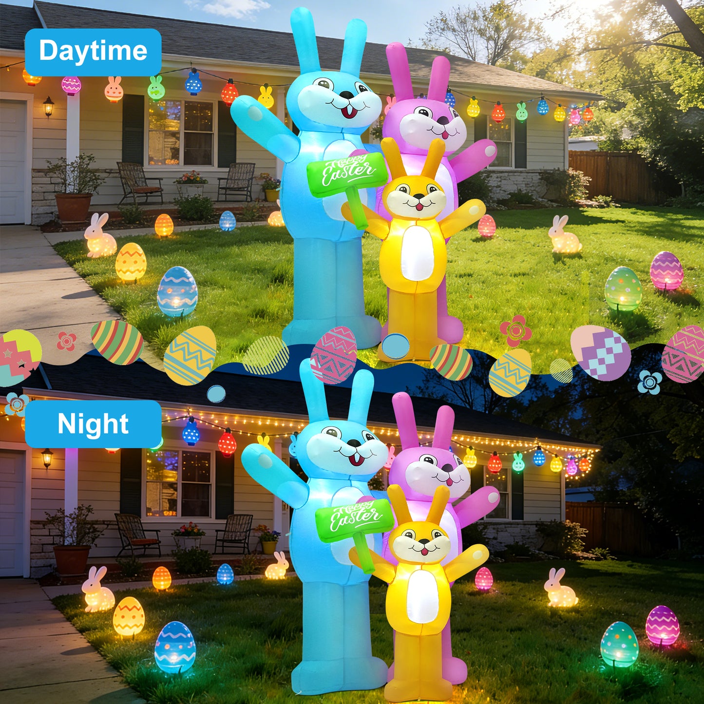 Yexmas 6FT Easter Inflatable Bunny Outdoor Decorations,Colorful Blow-Up Rabbit Family with Built-in LED Lights,Easter Decor for Yard Garden Lawn