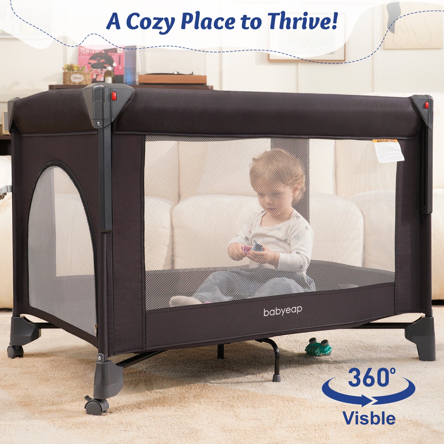 Babyeap 4in1 Baby Bassinet with Playard, 1-Step Fold Portable Playpen with Changing Table, Bedside Sleeper for Newborns, Black