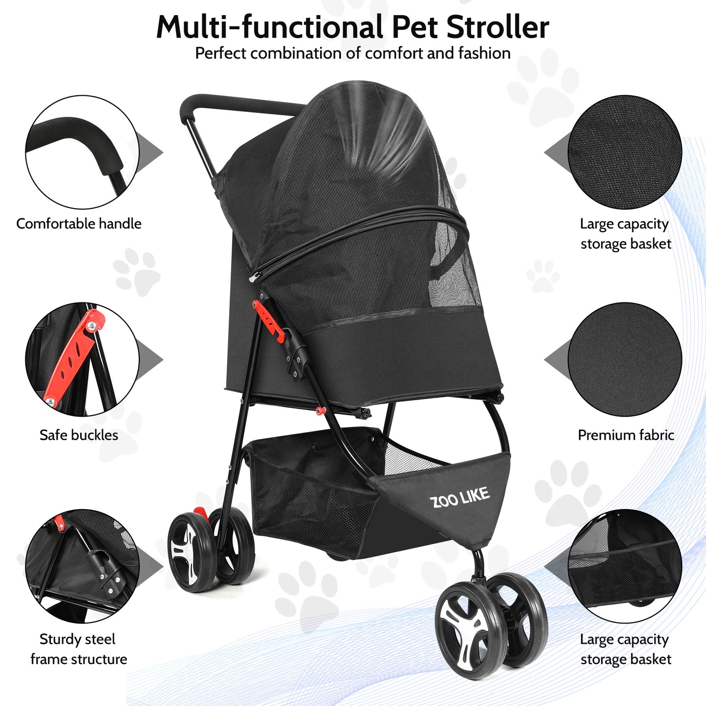 Zoolike 3 Wheel Pet Stroller Cat Dog Stroller Foldable Jogging Travel Perros Carrier for Small Medium Dogs，Puppy Stroller,Black
