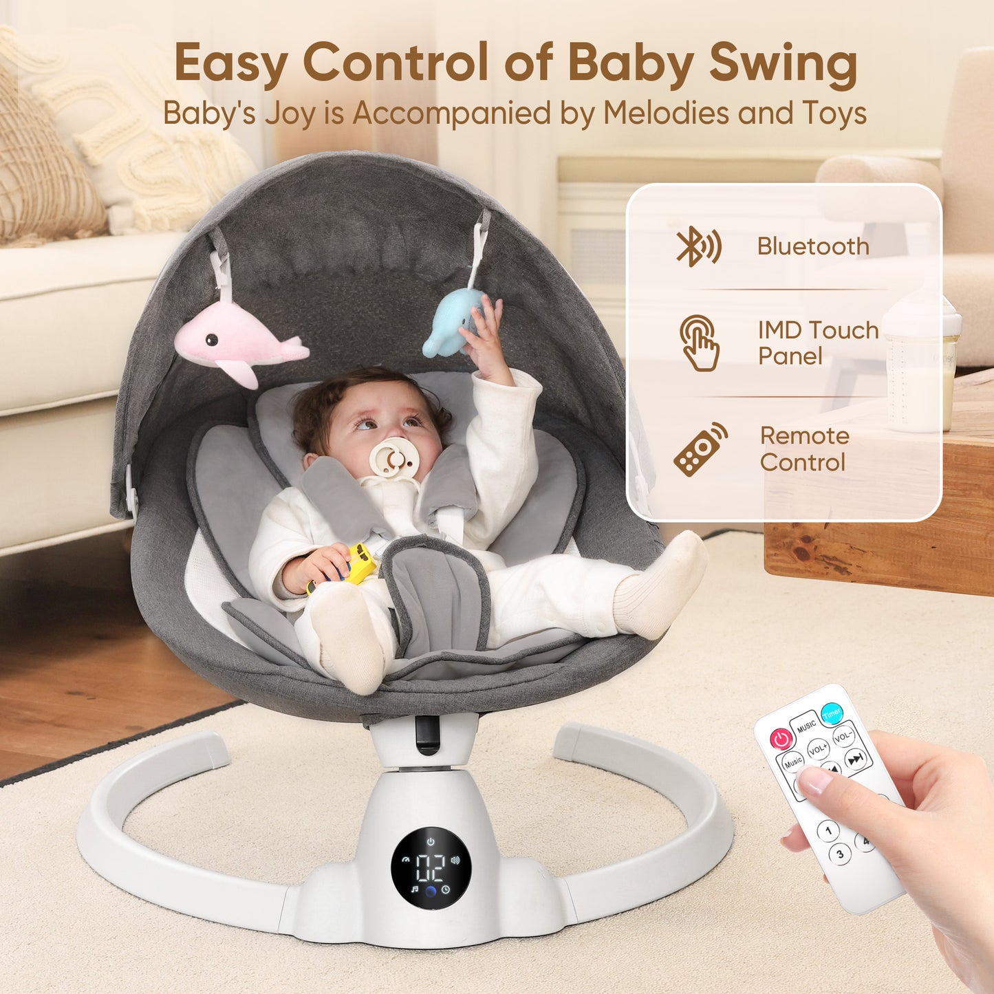 babyeap Baby Swing for Infants - Smart Electric Swing with Bluetooth Control 5-point Harness,5 Sway Speed,10 Lullabies(Gray 2)