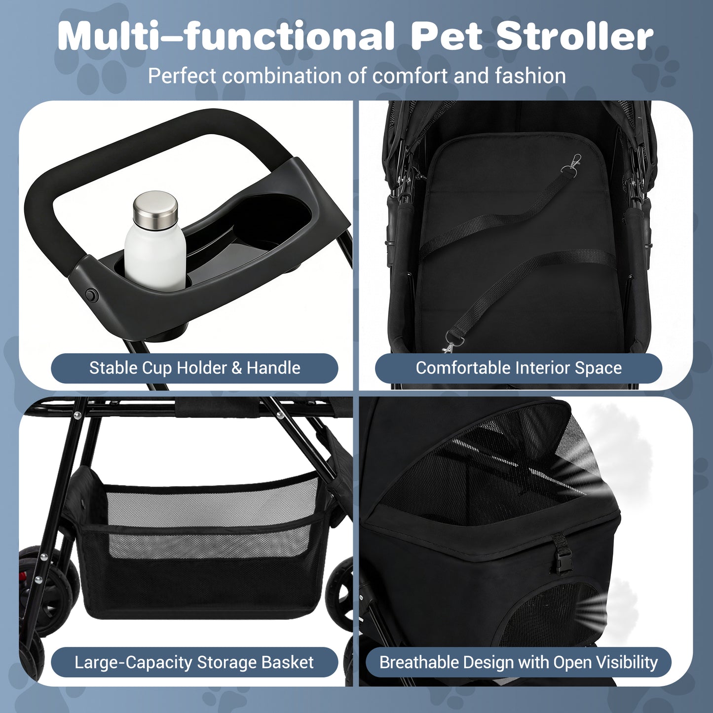 Zoolike 3 in 1 Pet Stroller for Dogs and Cats,4 Wheel Foldable Stroller with Detachable Carrier&Storage Basket,Black