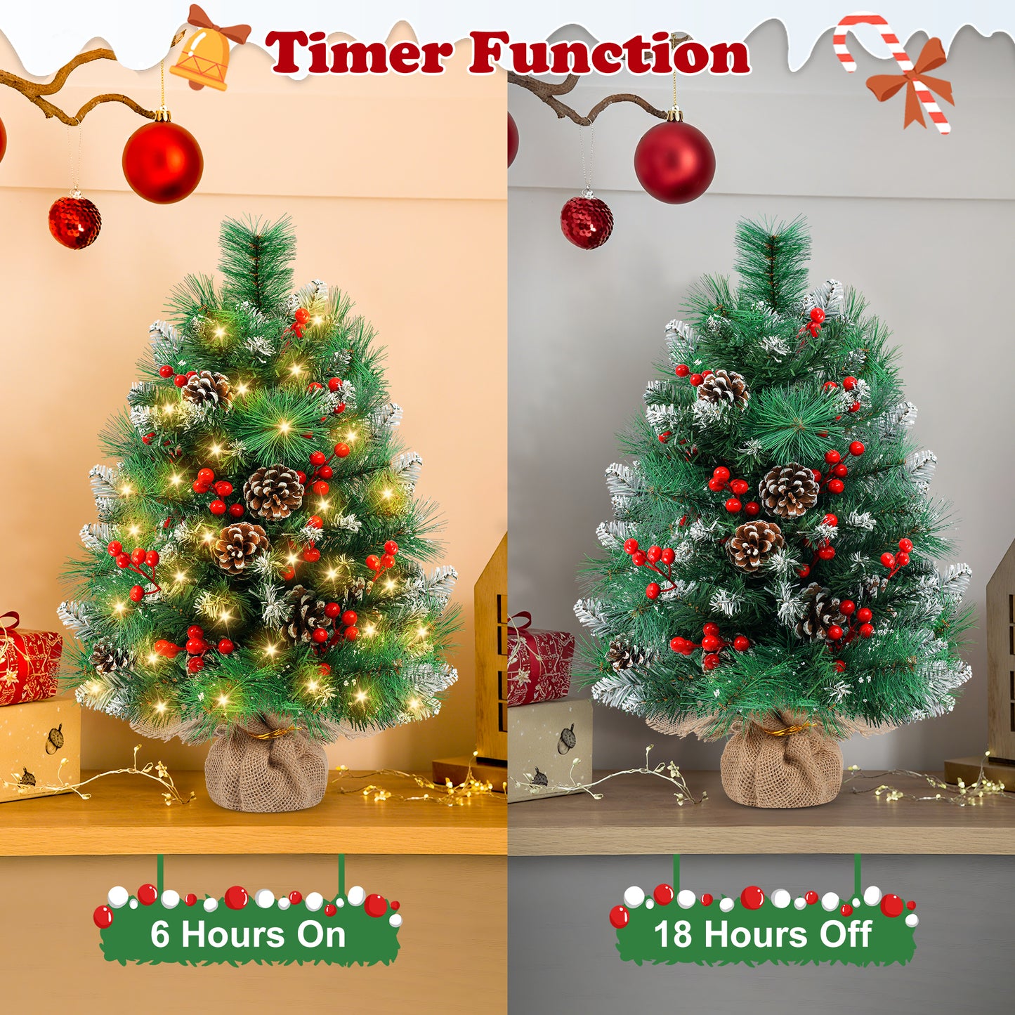 Yexmas 2PCS Pre-lit Artificial Mini Christmas Tree,24 Inch Small Tabletop Xmas Tree for Indoor Outdoor Christmas Decor