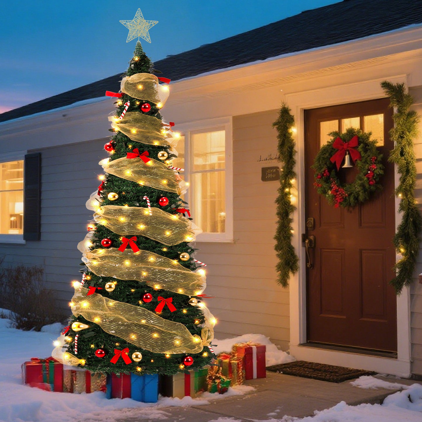 Yexmas 6FT Pop-Up Artificial Christmas Tree with 300LED Lights,Green Prelit Christmas Tree with Foldable Base