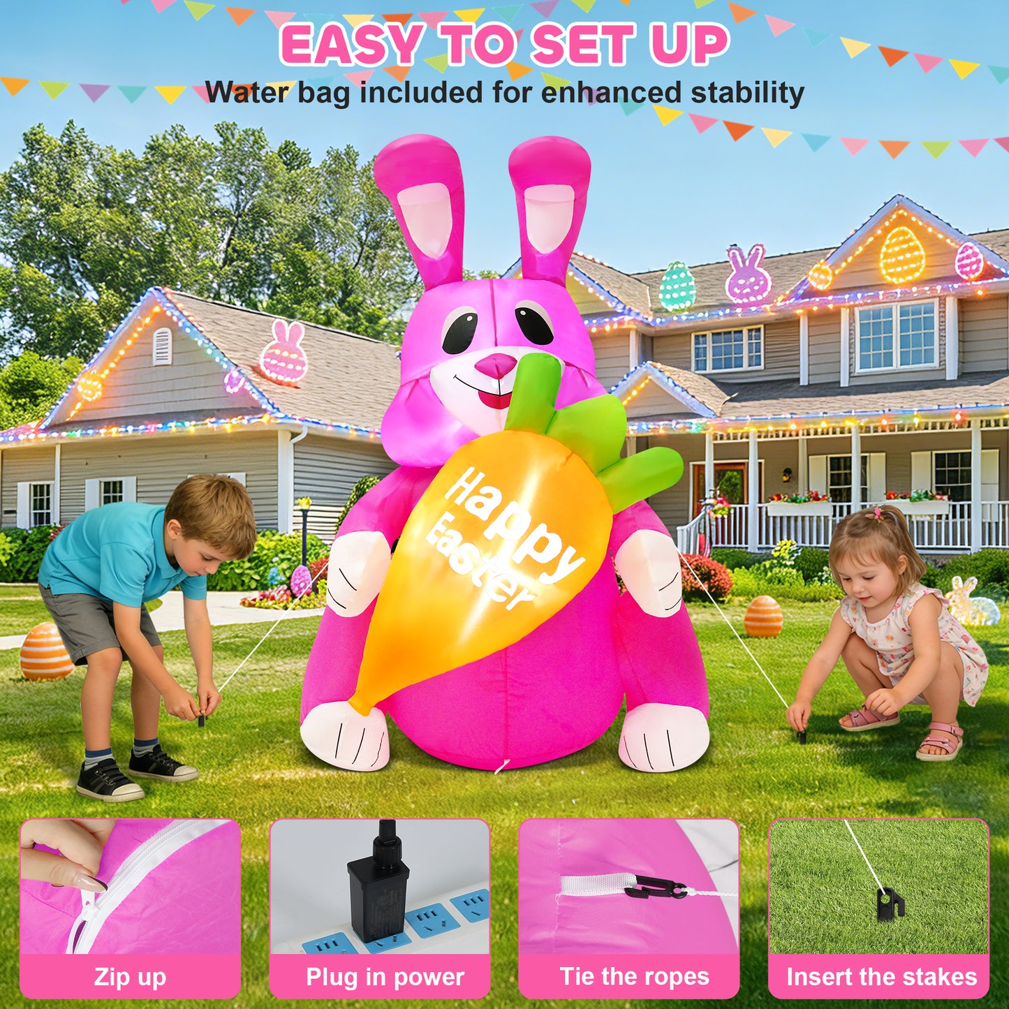 Yexmas Easter Inflatables Outdoor decorations,4FT Blow-Up Easter Bunny Holding a Carrot with Built-in LED Lights for Lawn Garden Yard decor