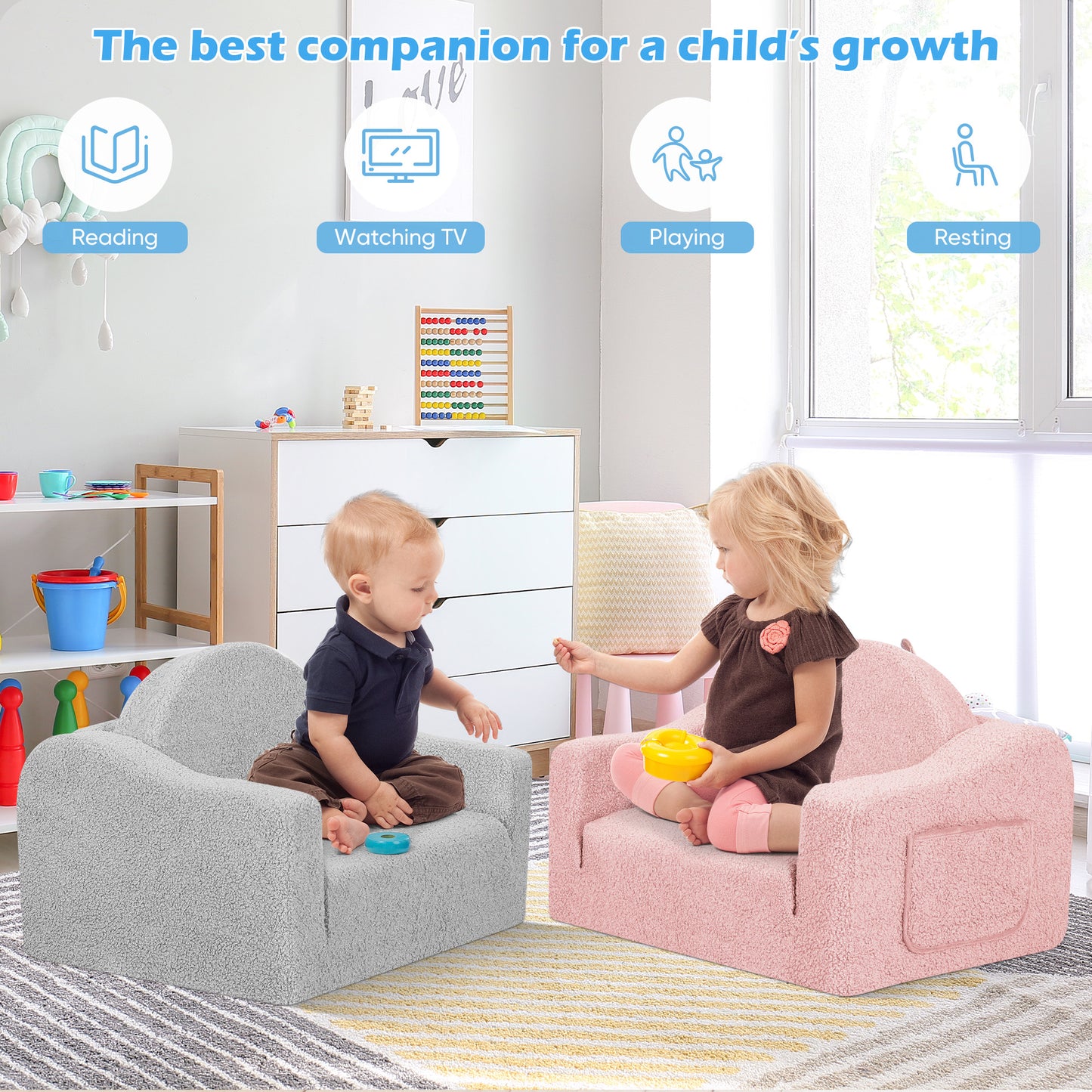 Babyeap Kids Sofa,2-in-1 Soft Toddler Couch Fold Out,Toddler Chair Baby Convertible Couch for Girls and Boys,Light Gray
