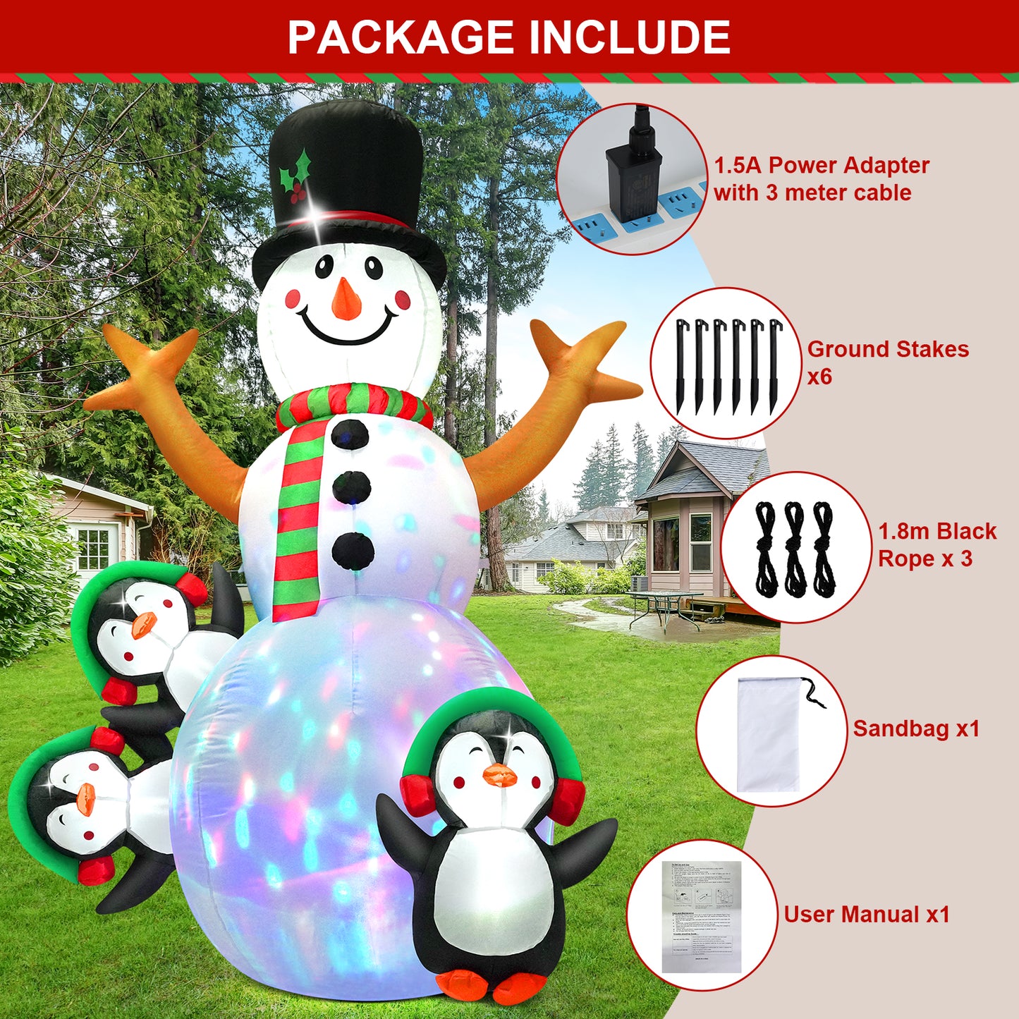 LOOKFLY 6.3  ft Christmas Snowman Inflatable Outdoor Decoration with Build-in Multicolor LEDs, Snowman Penguin Blow up Inflatables for Xmas Party