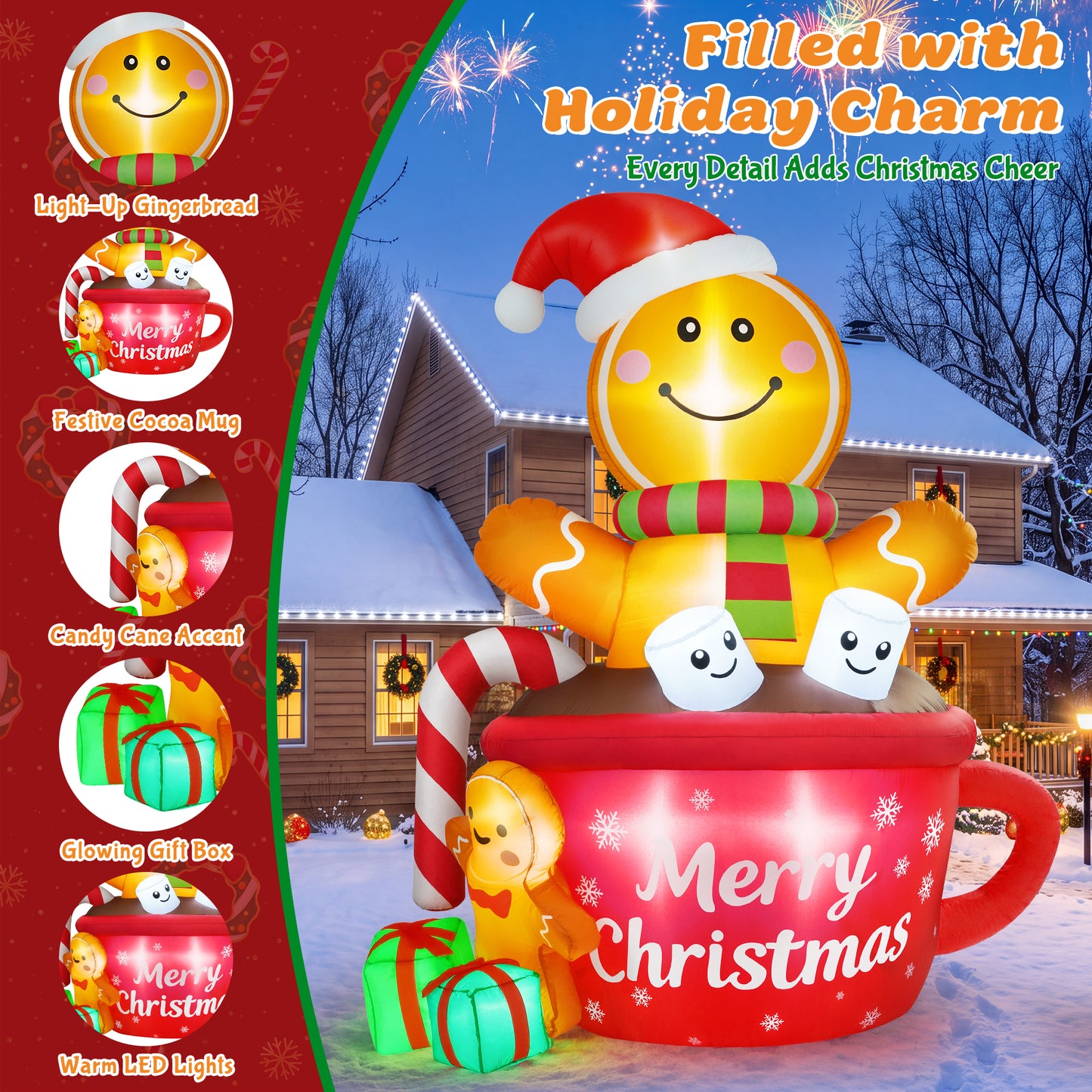 Yexmas 6FT Christmas Inflatable Gingerbread Man in Hot Cocoa Mug Blow Up Decor with LED Lights, Candy Cane, Marshmallows and Gift Box,  for Yard, Lawn,Garden
