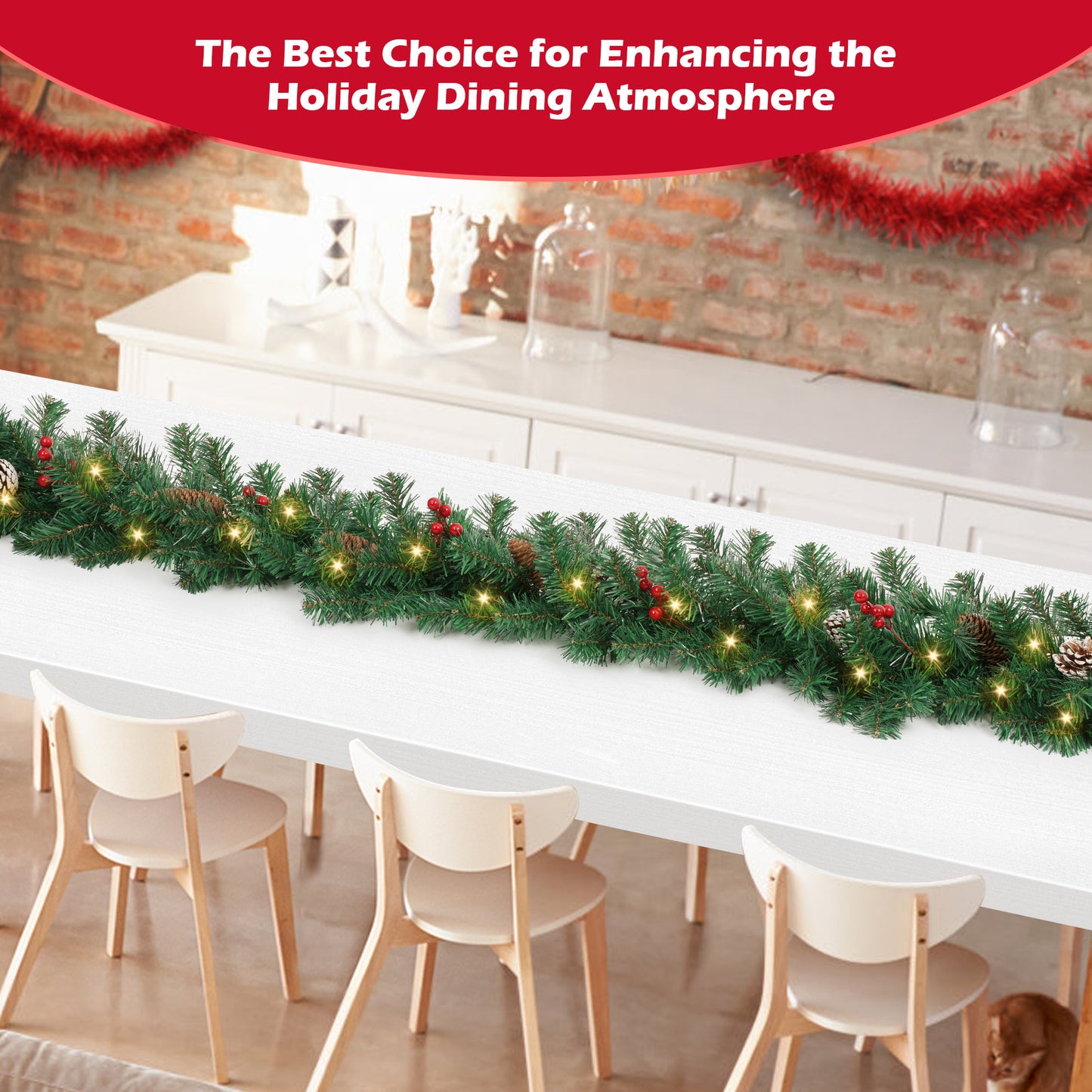 Yexmas 9ft Large Christmas Garland, Multi-Purpose Xmas Wreath with 60 LED Lights, Decorated with Pinecones, Berry Clusters, Battery Operated