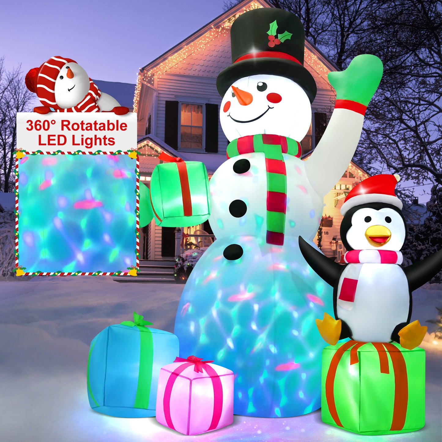 Lookfly 6FT Christmas Inflatables Snowman Blow Up Yard Decor with 360 Rotation Colorful Projector LED Light for Outdoor Christmas Party ,Garden and Lawn