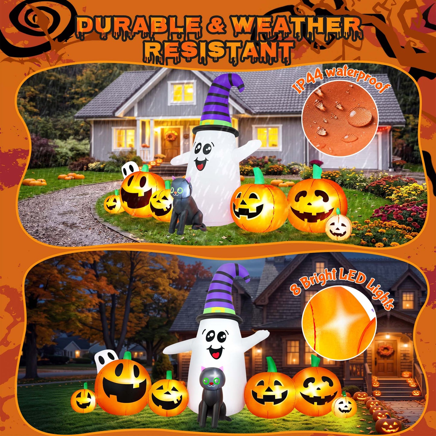 Yexmas 8 FT Long Halloween Inflatable Ghost with Witch Hat, 6 Pumpkins Halloween Blow Ups with Black Cat for Halloween Party Outdoor Yard Garden Lawn Decor