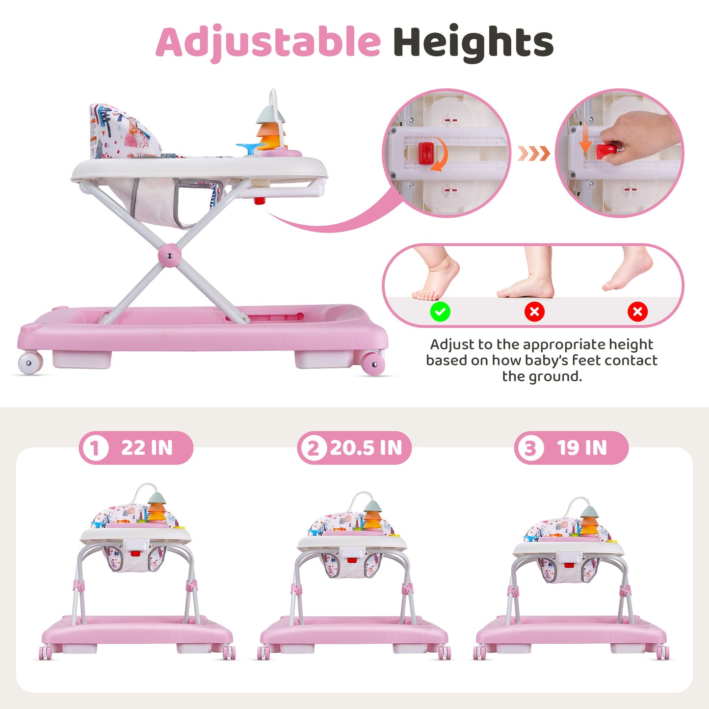 Babyeap Baby Walker,Foldable Baby Activity Walker with Wheels,Toddler Activity Centers,Removable Toys,Ages 6 Months +,Pink