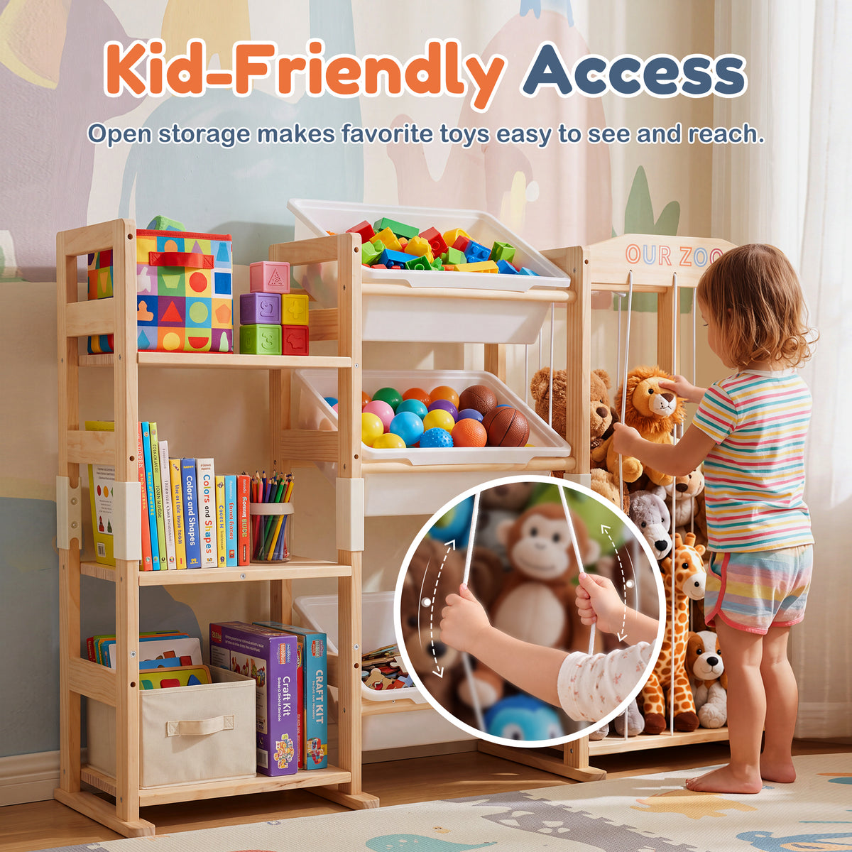 Babyeap 3-in-1 Wooden Toy Storage Organizer, Kids Bookshelf with 3 Removable Bins and Stuffed Animal Storage, Toy Holder for Playroom, Bedroom