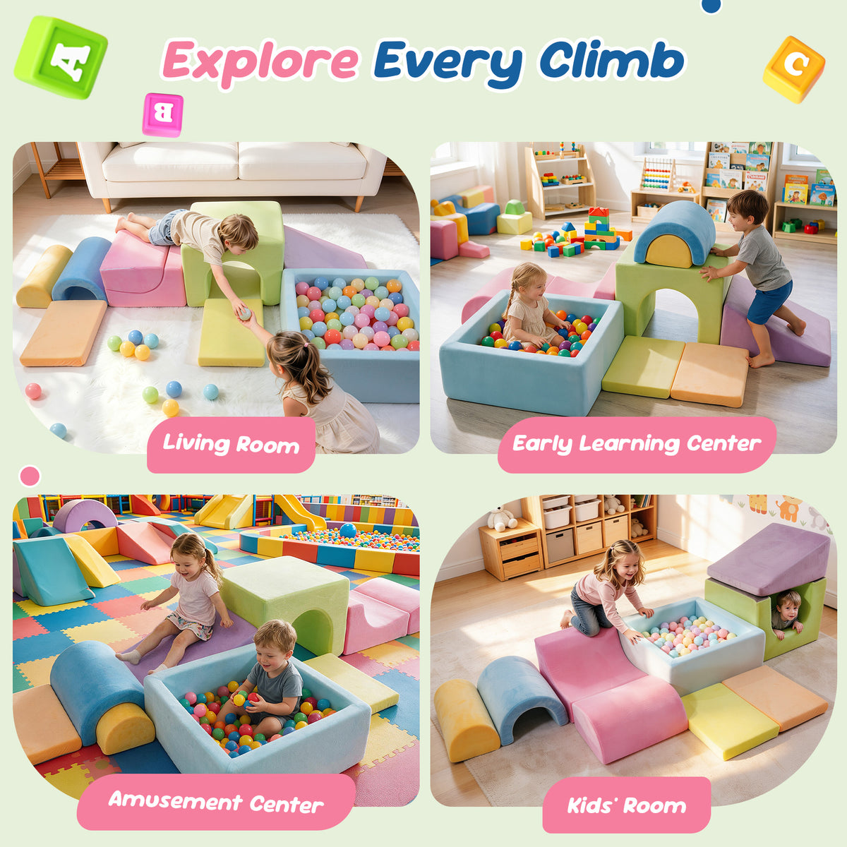 Yexmas 8-Piece Toddlers Climbing Toys, Soft Foam Climbing Blocks with Ball Pit, Kids Indoor Climbing Crawling Activity Soft Play Set
