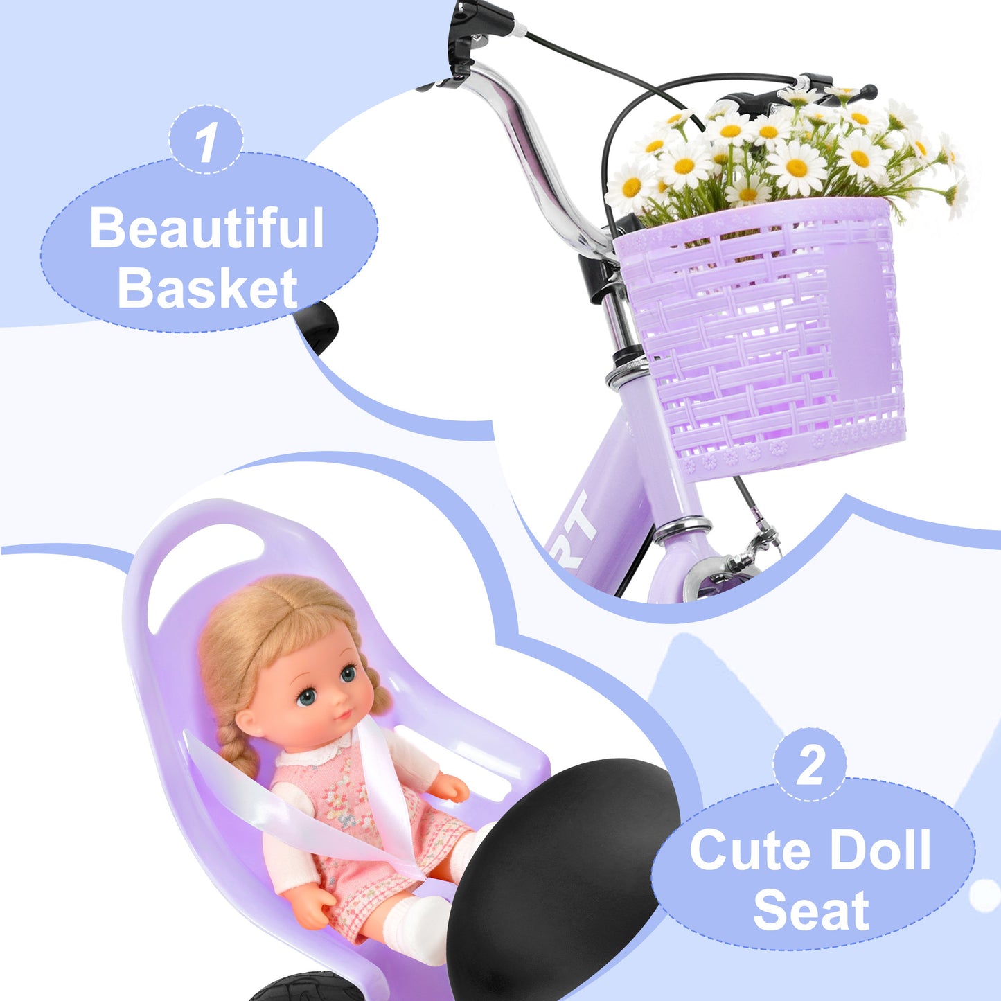 Enjoyrun 16" Kids Bike,Girls Bike with Training Wheels,Basket and Doll Seat,Bicycle for Children Ages 5-8,Purple