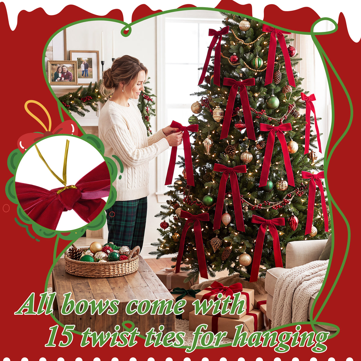 Yexmas 12pcs Burgundy Velvet Christmas Bows, Ribbon Bows Xmas Ornaments for Christmas Tree Home Party Staircase Door Wreath Garland Holiday Decor