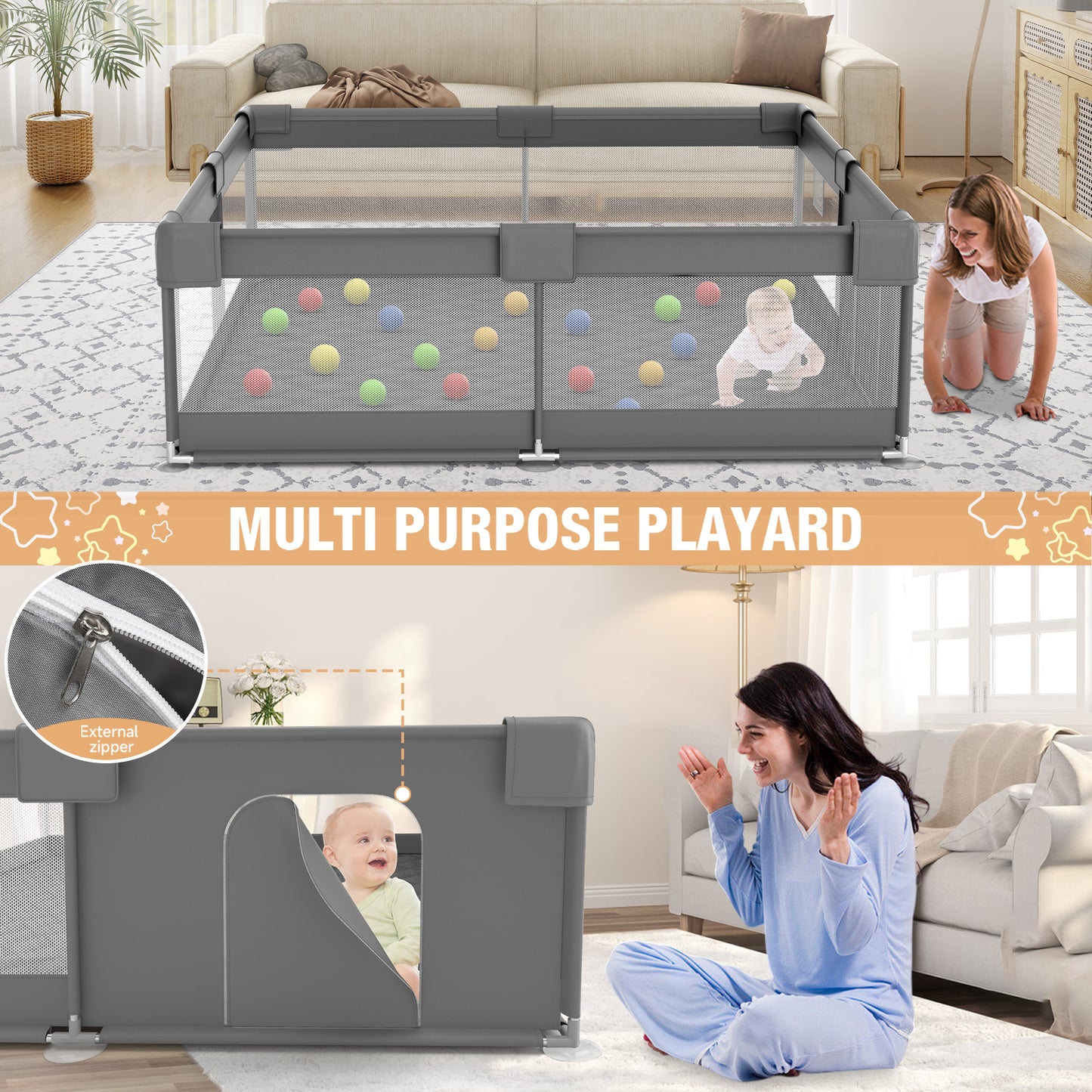 Babyeap Baby Playpen With Mat,50"x50"Play Pen for Babies and Toddlers,Play Yard With Gate for Indoor Outdoor,Dark Gray