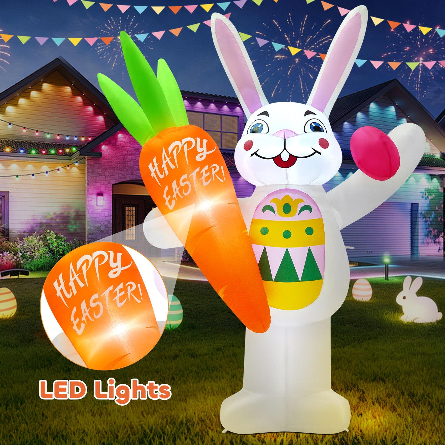 Yexmas 6FT Easter Inflatables Outdoor Decoration,Blow-Up Bunny Holding a Carrot and an Easter Egg with Built-in LED Lights for Yard Lawn Garden Decor
